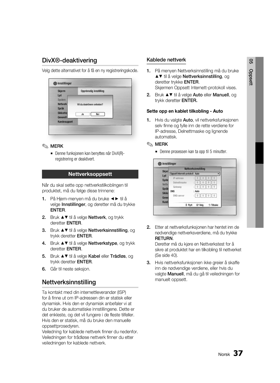 Samsung BD-C5900/XEE Nettverksinnstilling, Nettverksoppsett, Kablede nettverk, Sette opp en kablet tilkobling Auto, Return 