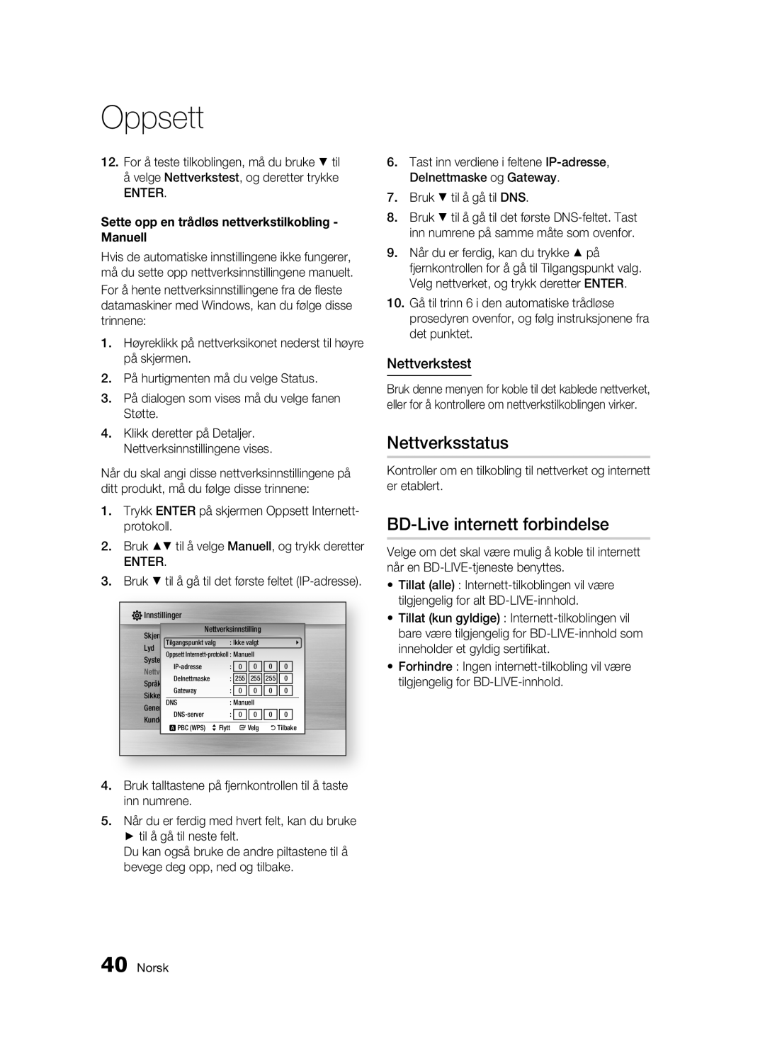 Samsung BD-C5900/XEE manual Nettverksstatus, BD-Live internett forbindelse, Nettverkstest 