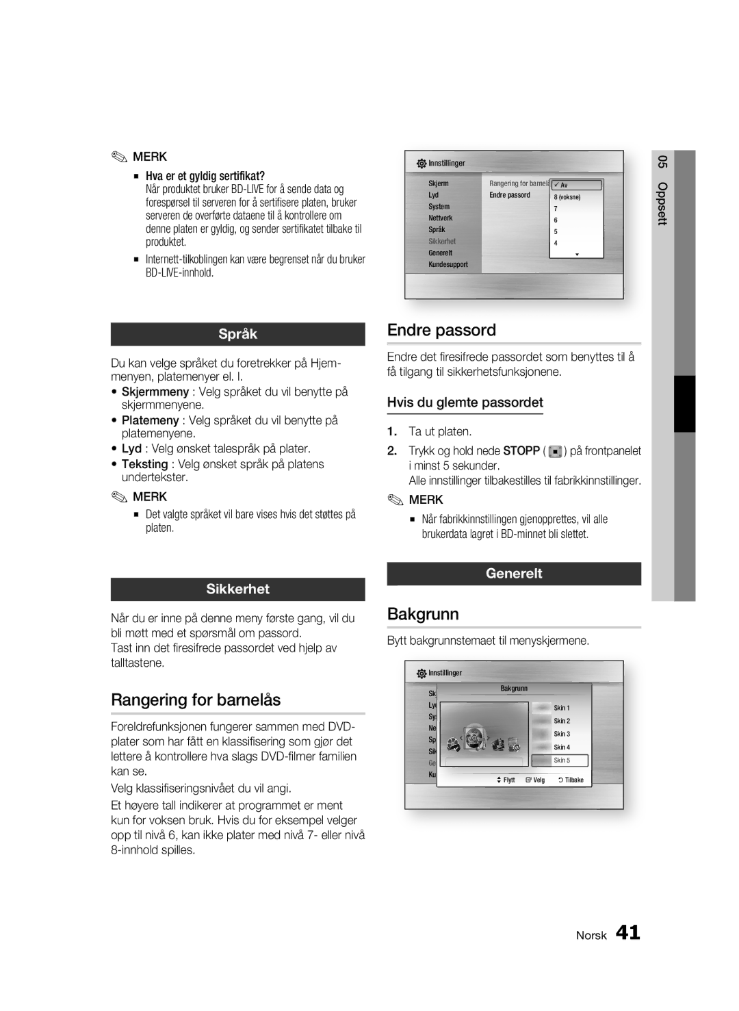 Samsung BD-C5900/XEE manual Endre passord, Rangering for barnelås, Bakgrunn, Språk, Sikkerhet 