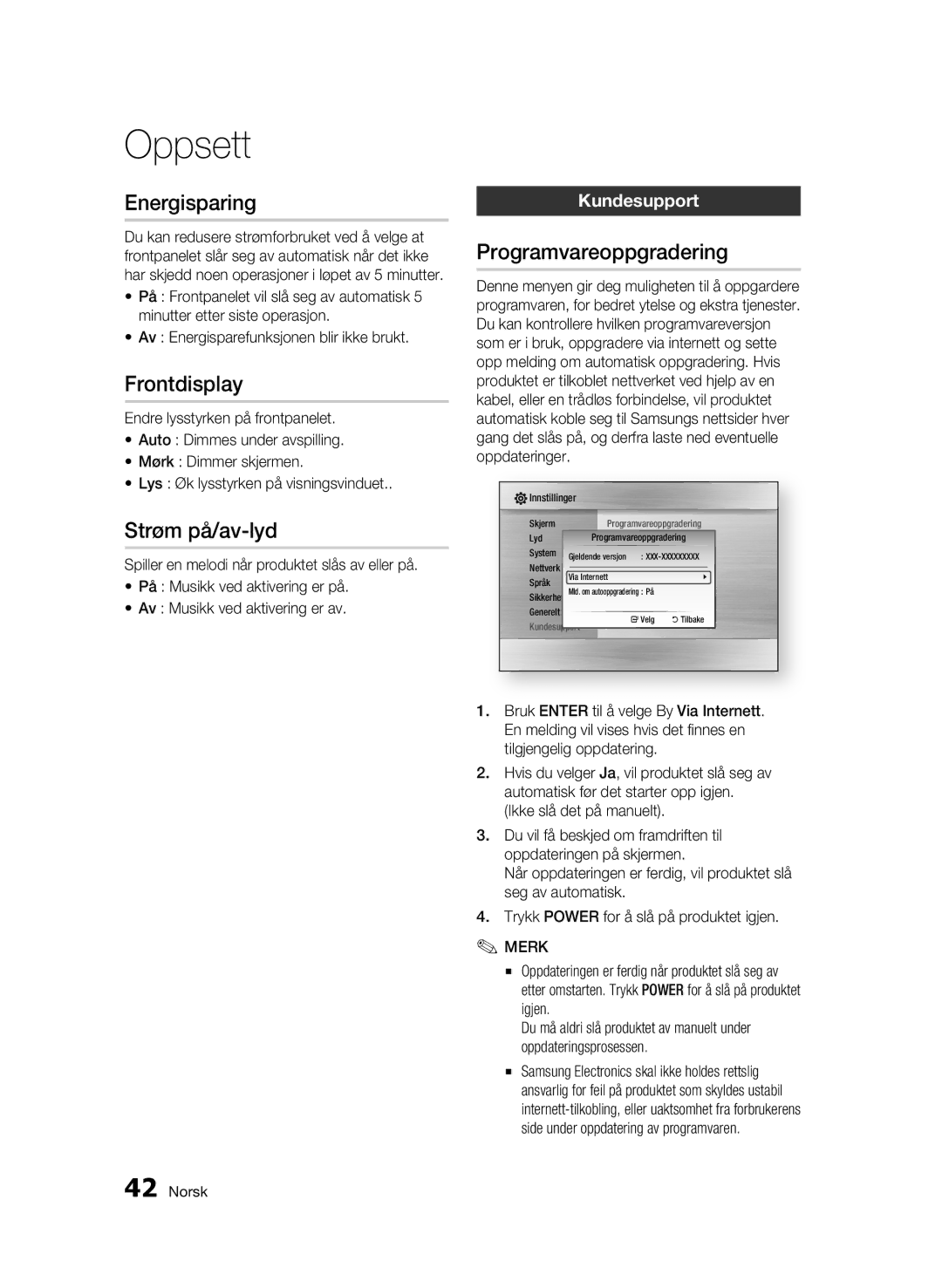 Samsung BD-C5900/XEE manual Energisparing, Frontdisplay, Strøm på/av-lyd, Programvareoppgradering, Kundesupport 