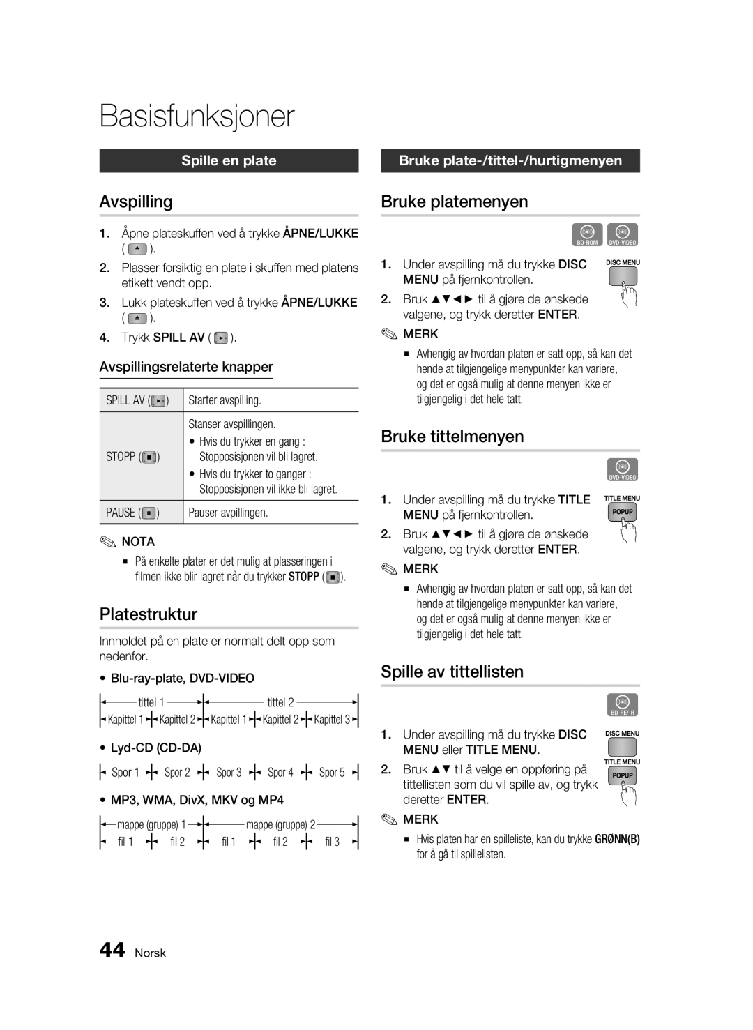 Samsung BD-C5900/XEE manual Basisfunksjoner 