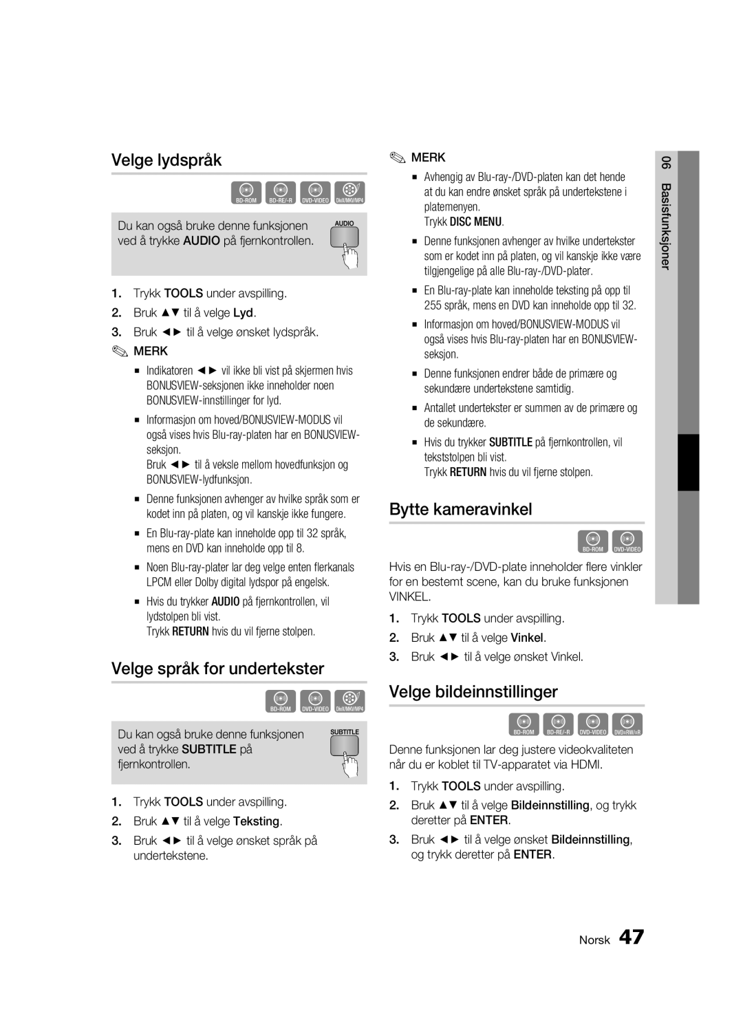 Samsung BD-C5900/XEE manual Velge lydspråk, Velge språk for undertekster, Bytte kameravinkel, Velge bildeinnstillinger 