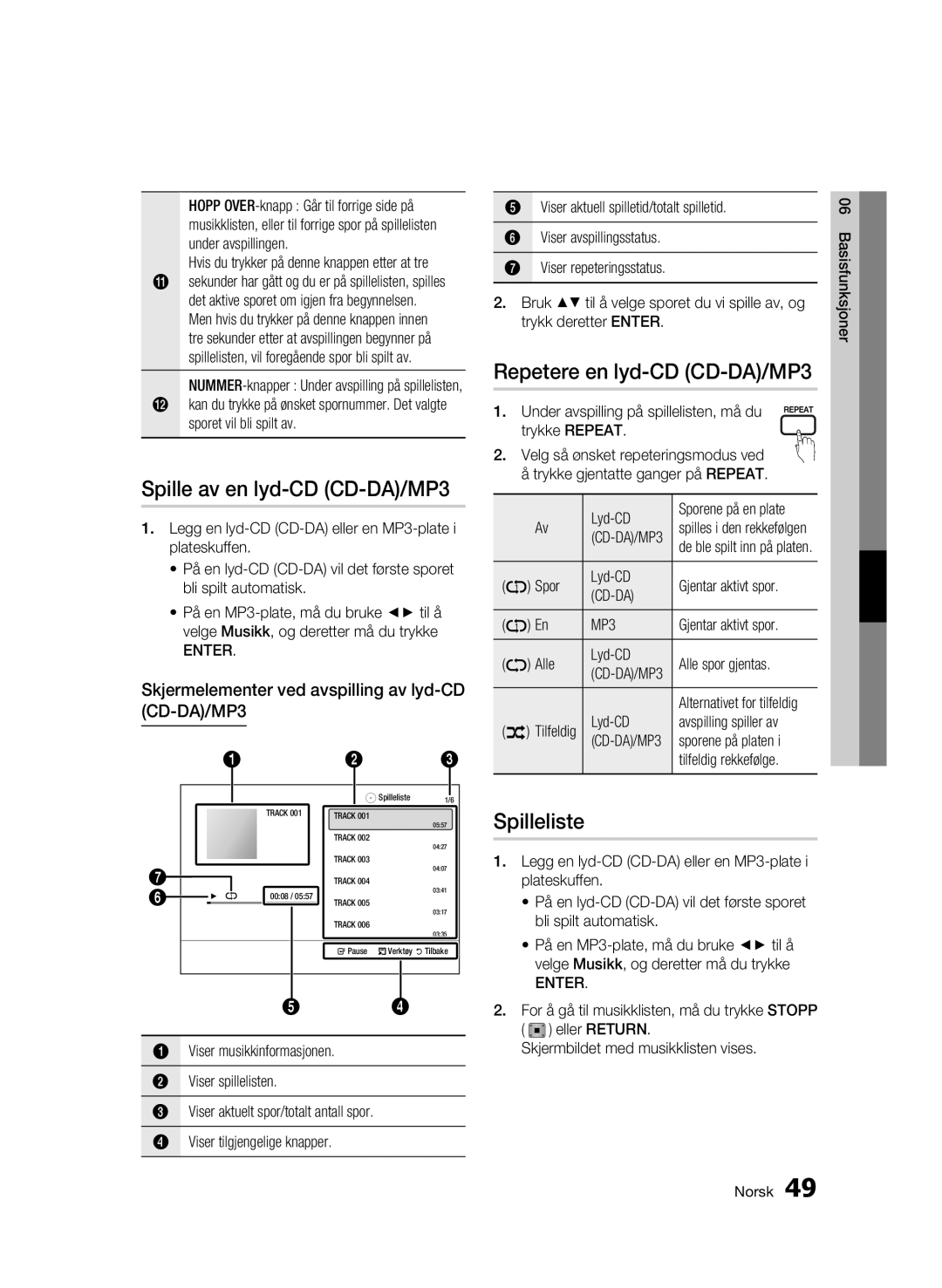 Samsung BD-C5900/XEE manual Spille av en lyd-CD CD-DA/MP3, Repetere en lyd-CD CD-DA/MP3, Spilleliste 