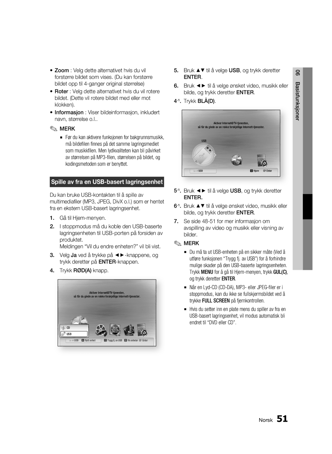 Samsung BD-C5900/XEE manual Spille av fra en USB-basert lagringsenhet, Bruk til å velge USB, og trykk deretter 