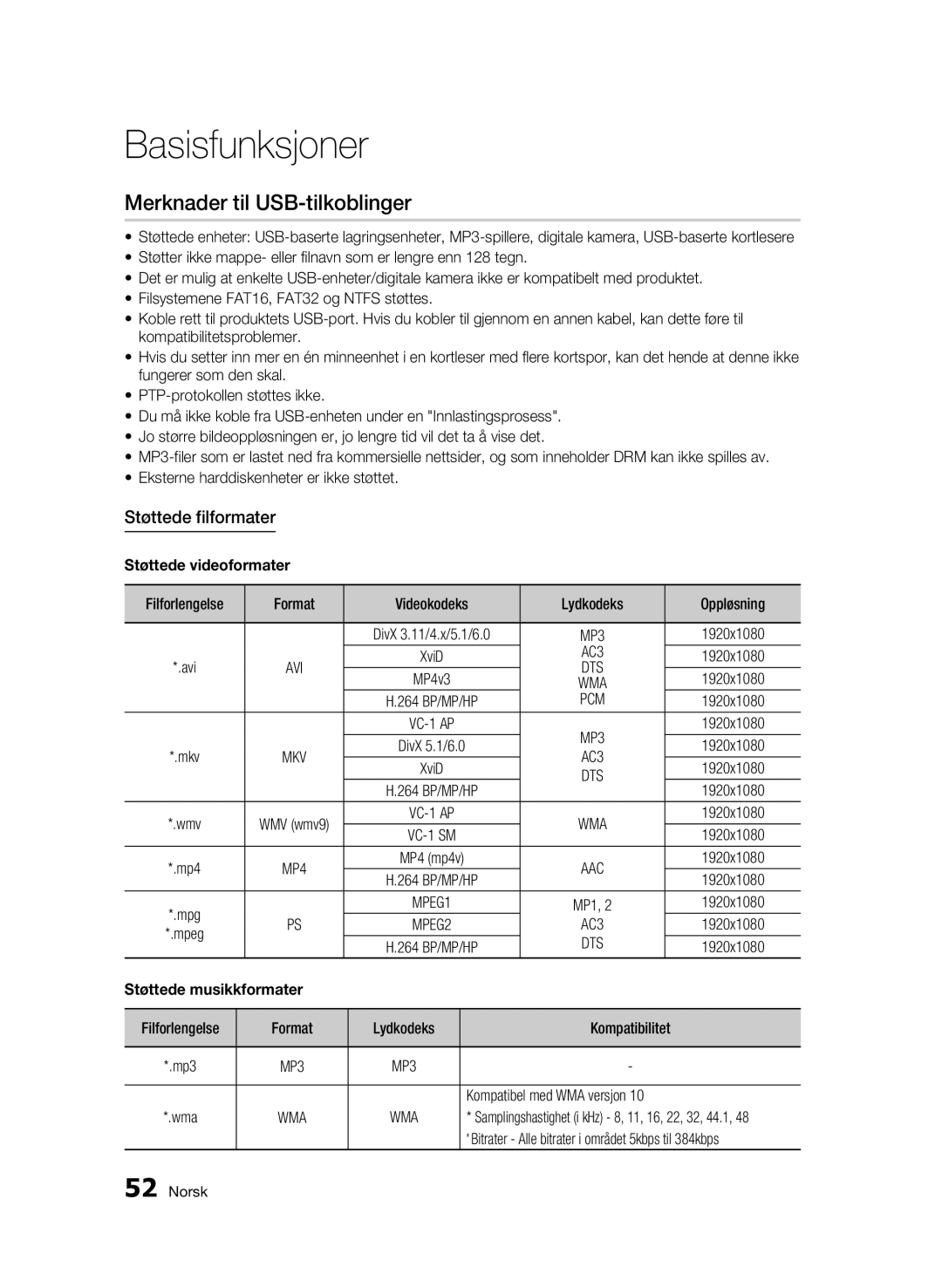 Samsung BD-C5900/XEE Merknader til USB-tilkoblinger, Støttede filformater, Støttede videoformater, Støttede musikkformater 