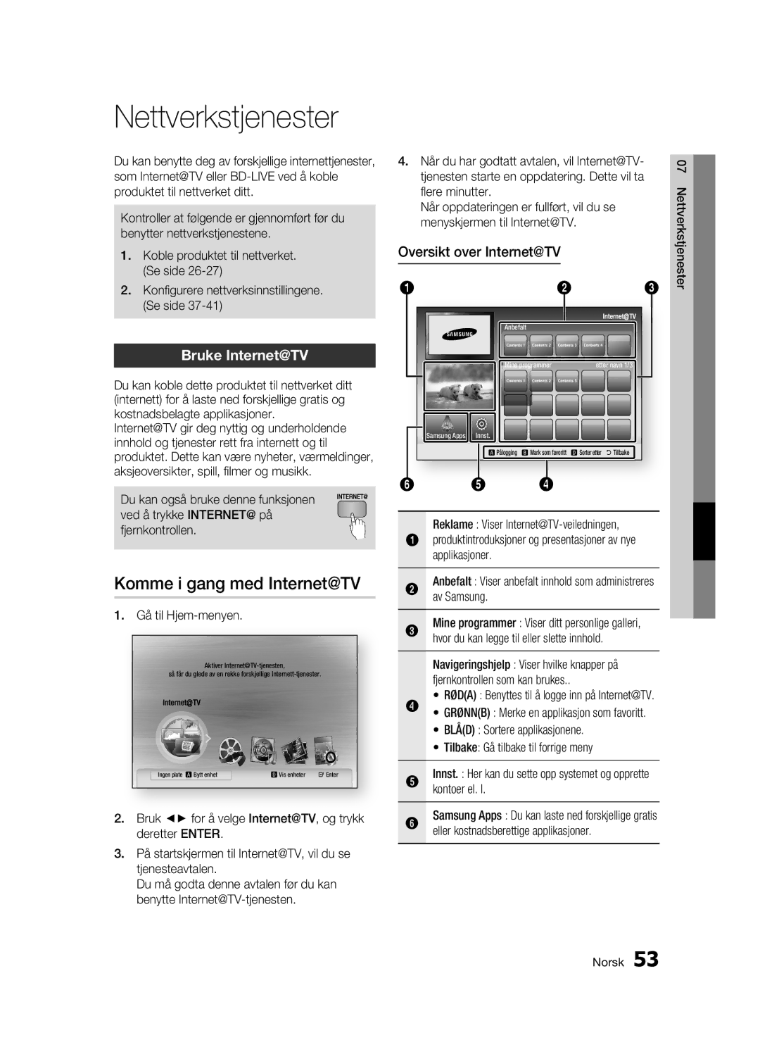 Samsung BD-C5900/XEE manual Nettverkstjenester, Komme i gang med Internet@TV, Bruke Internet@TV, Oversikt over Internet@TV 