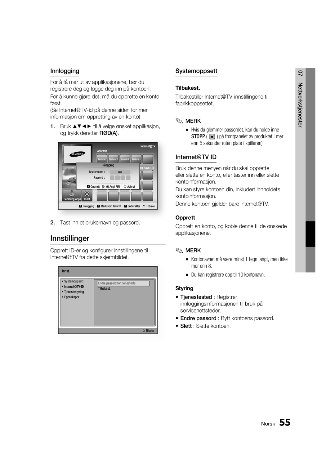 Samsung BD-C5900/XEE manual Innstillinger, Innlogging, Systemoppsett, Internet@TV ID 