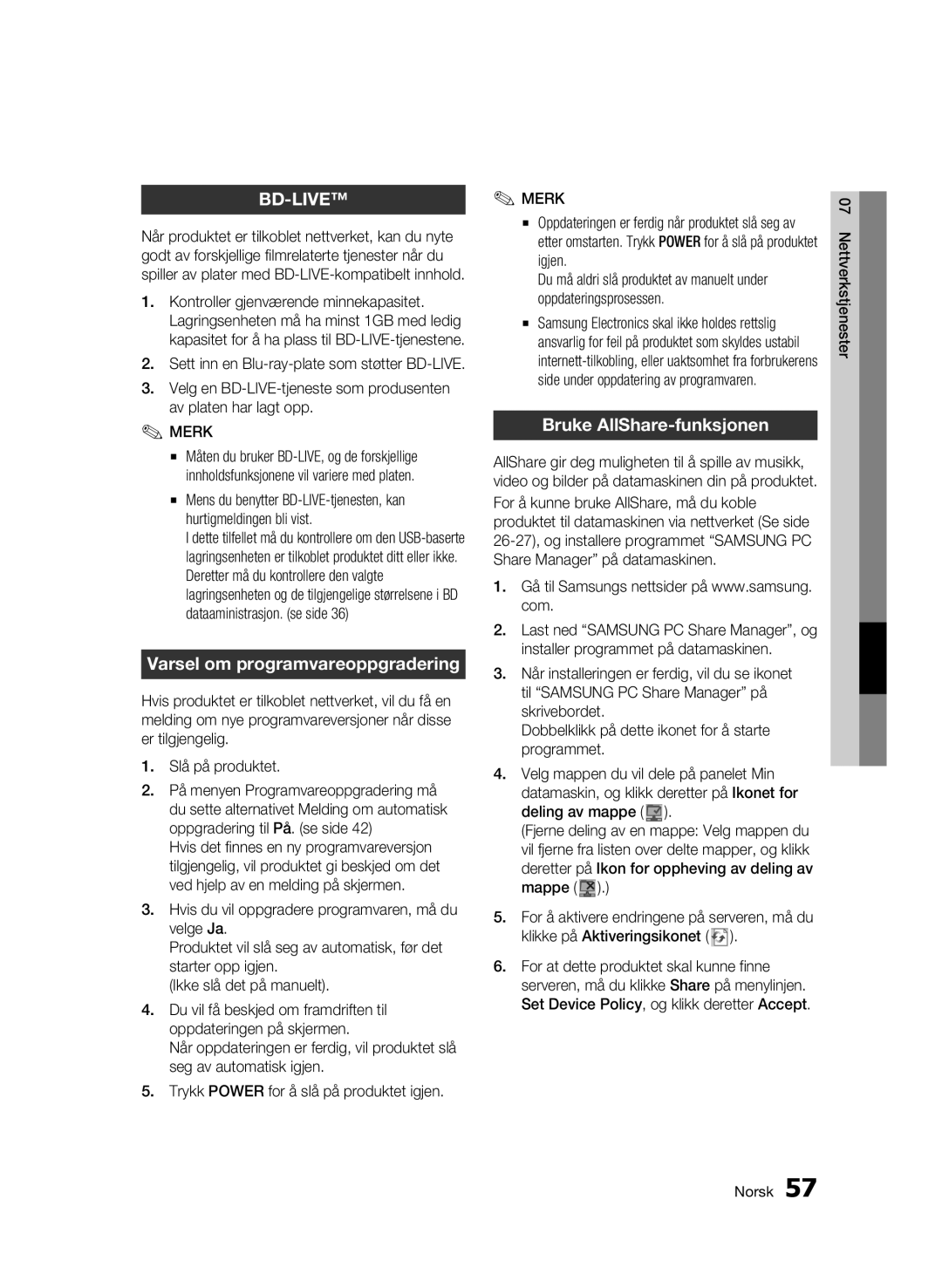 Samsung BD-C5900/XEE manual Varsel om programvareoppgradering, Bruke AllShare-funksjonen, Slå på produktet 