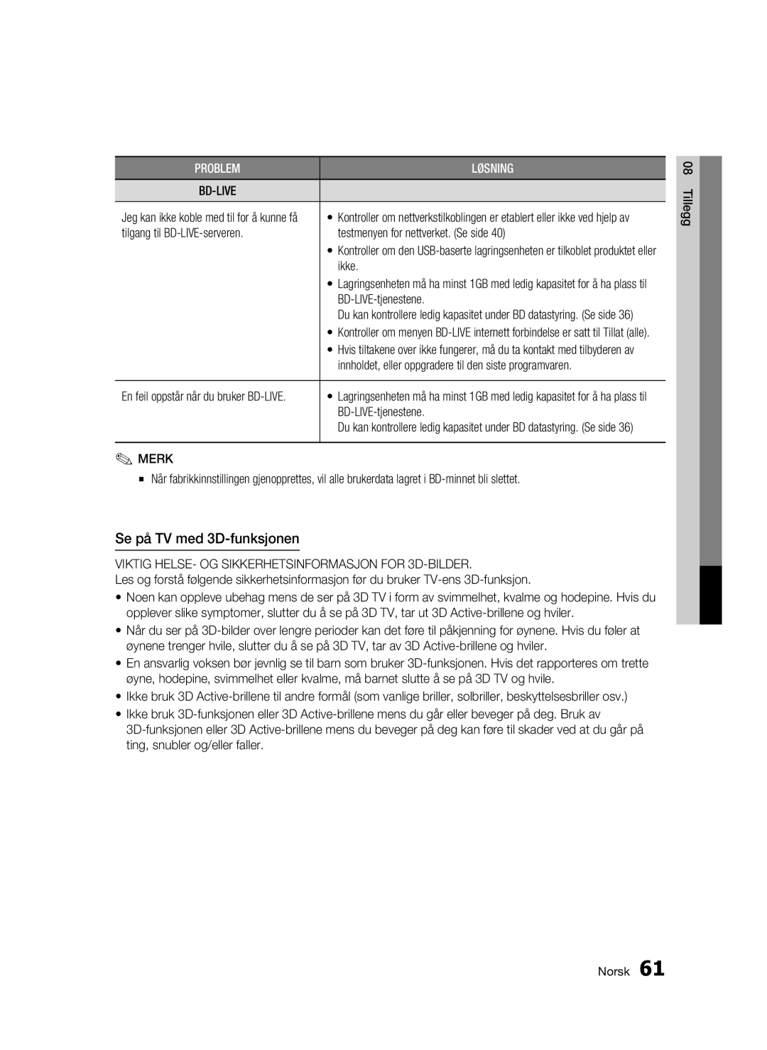 Samsung BD-C5900/XEE manual Se på TV med 3D-funksjonen, Ikke, BD-LIVE-tjenestene 