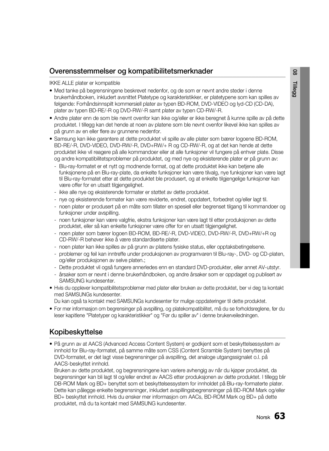 Samsung BD-C5900/XEE manual Overensstemmelser og kompatibilitetsmerknader, Ikke Alle plater er kompatible 