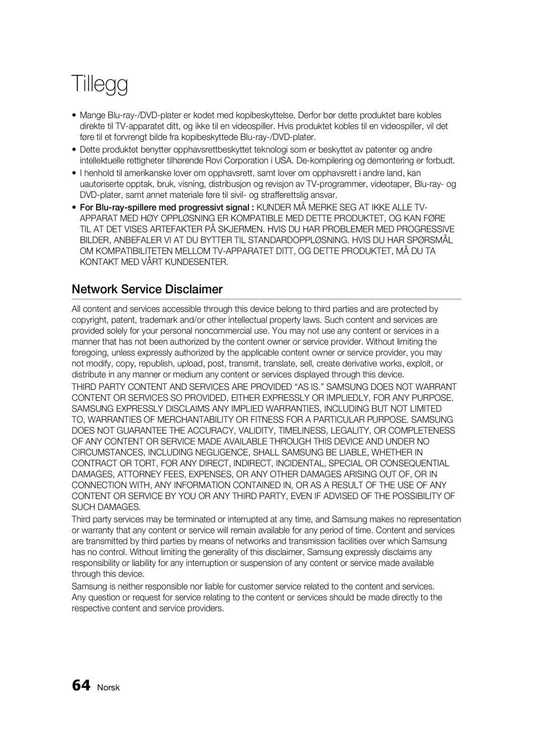 Samsung BD-C5900/XEE manual Network Service Disclaimer 