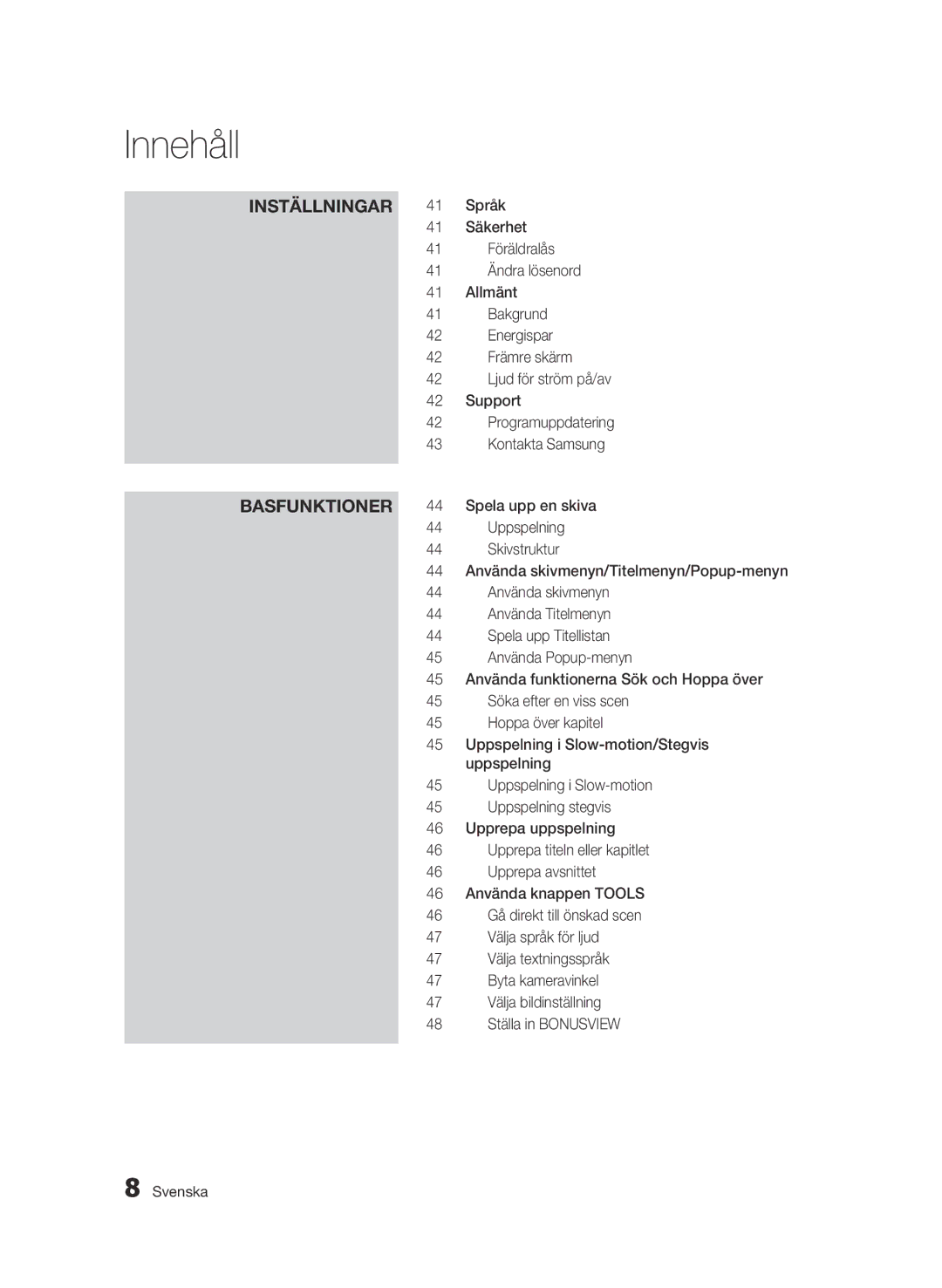 Samsung BD-C5900/XEE manual Inställningar Basfunktioner 