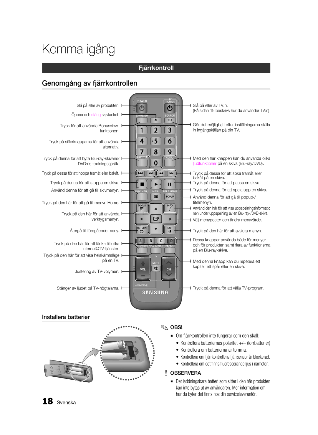 Samsung BD-C5900/XEE manual Genomgång av fjärrkontrollen, Fjärrkontroll, Installera batterier, Observera 