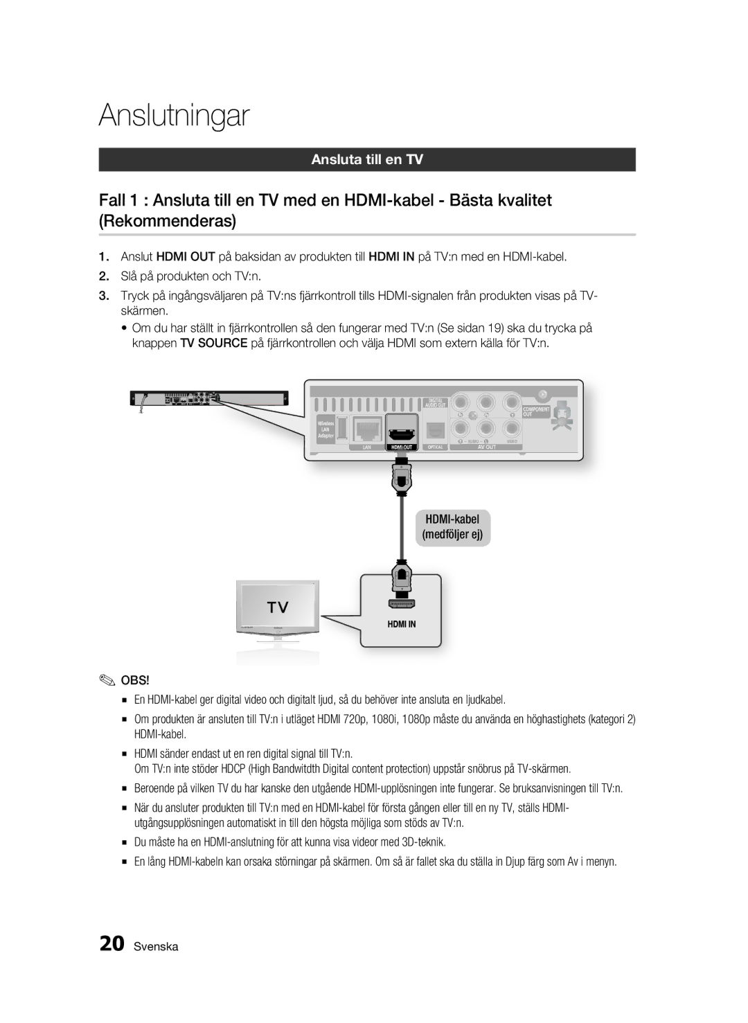 Samsung BD-C5900/XEE manual Anslutningar, Ansluta till en TV 