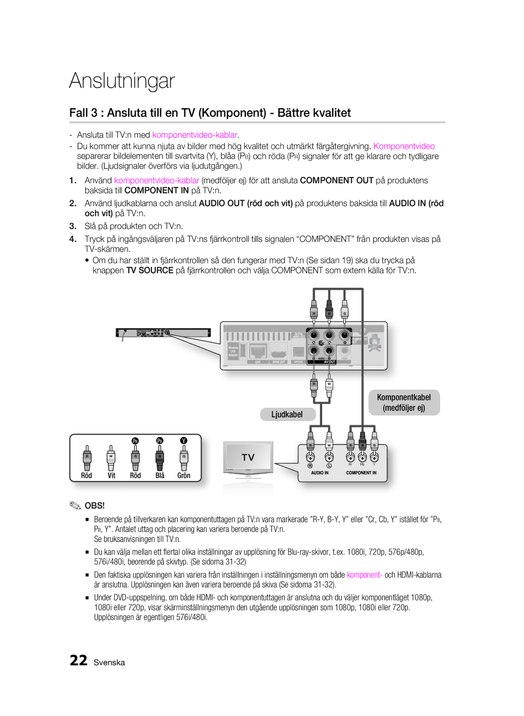 Samsung BD-C5900/XEE manual Fall 3 Ansluta till en TV Komponent Bättre kvalitet, Ljudkabel Komponentkabel Medföljer ej 