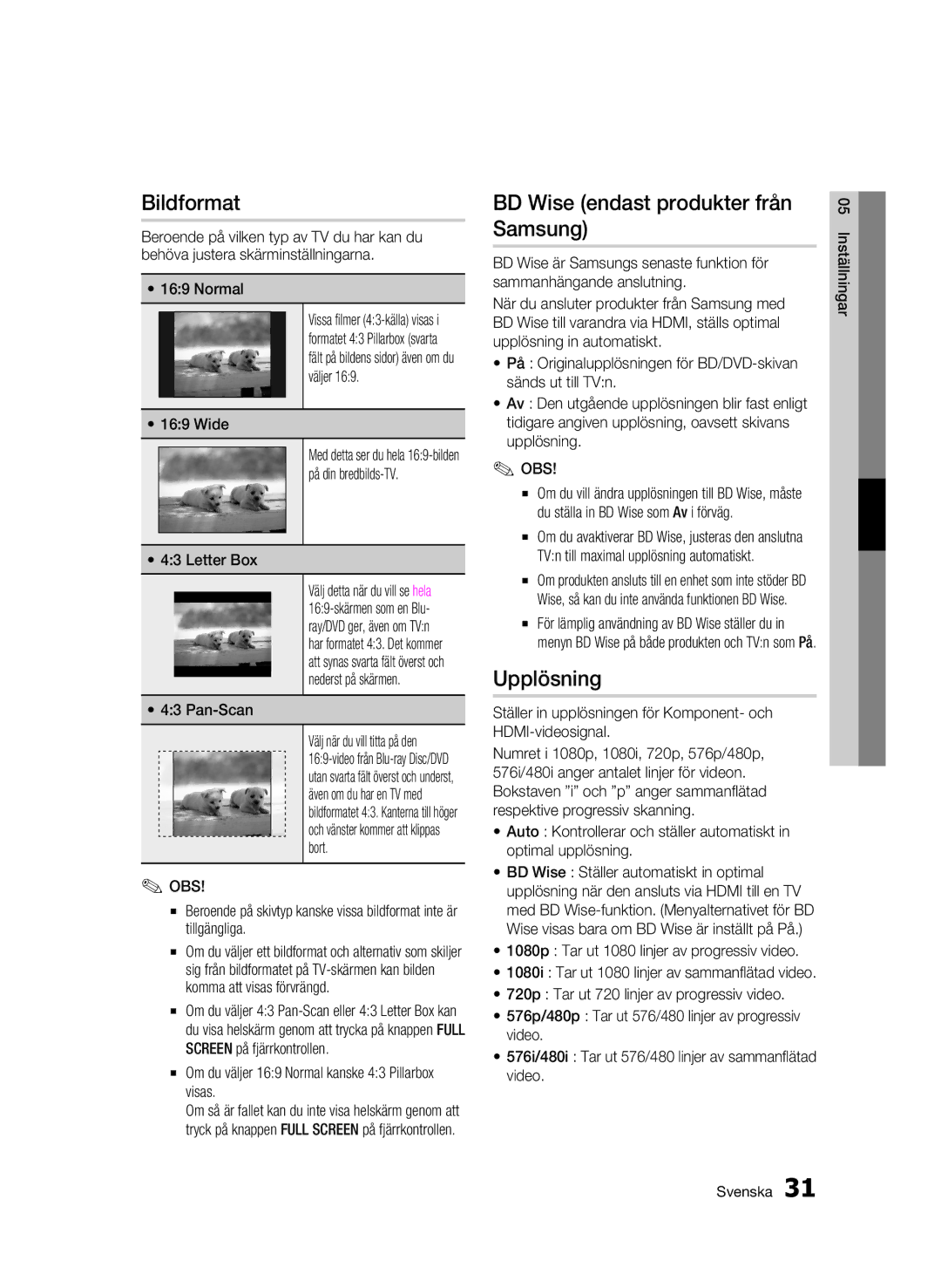 Samsung BD-C5900/XEE manual Bildformat, BD Wise endast produkter från Samsung, Upplösning 