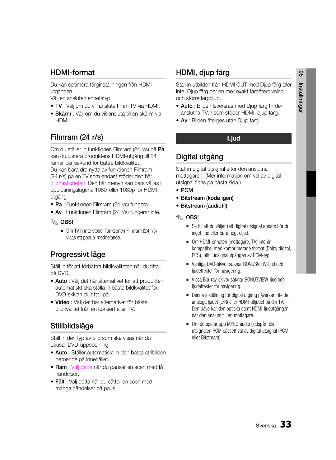 Samsung BD-C5900/XEE manual Filmram 24 r/s, Progressivt läge, Stillbildsläge, HDMI, djup färg, Digital utgång 