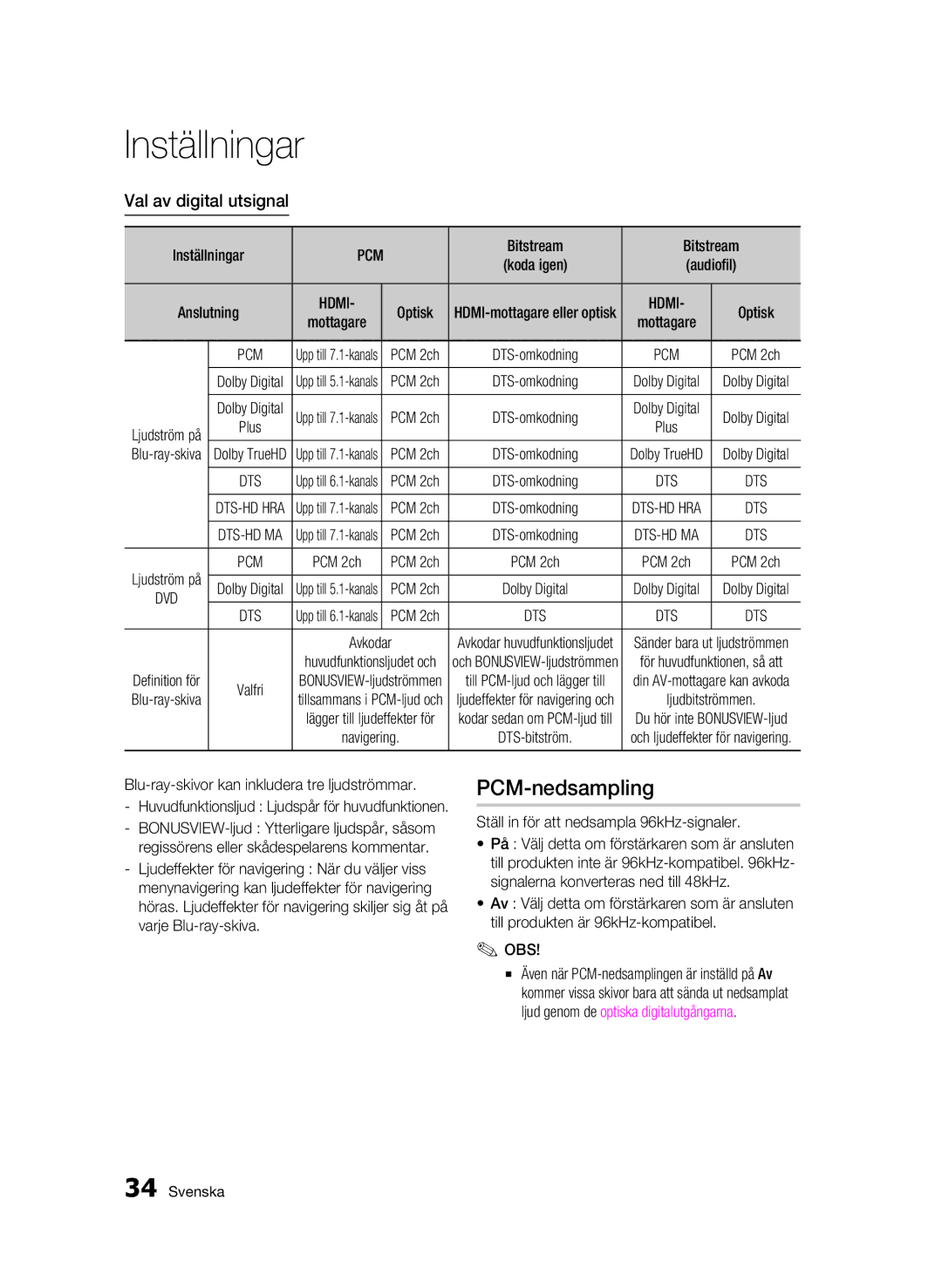 Samsung BD-C5900/XEE manual Val av digital utsignal, Blu-ray-skivor kan inkludera tre ljudströmmar, Ljudströmmen 