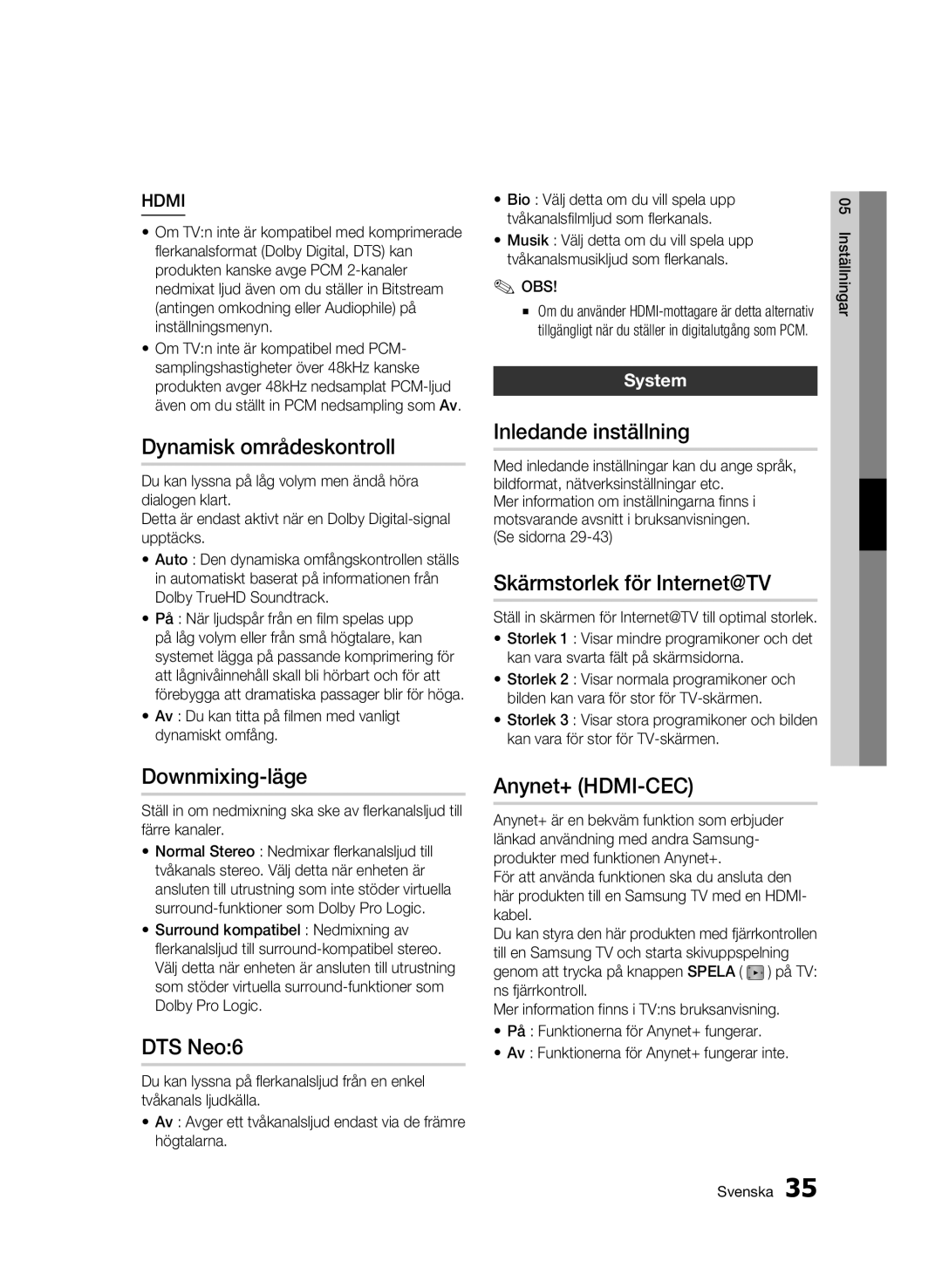 Samsung BD-C5900/XEE manual Dynamisk områdeskontroll, Downmixing-läge, Inledande inställning, Skärmstorlek för Internet@TV 