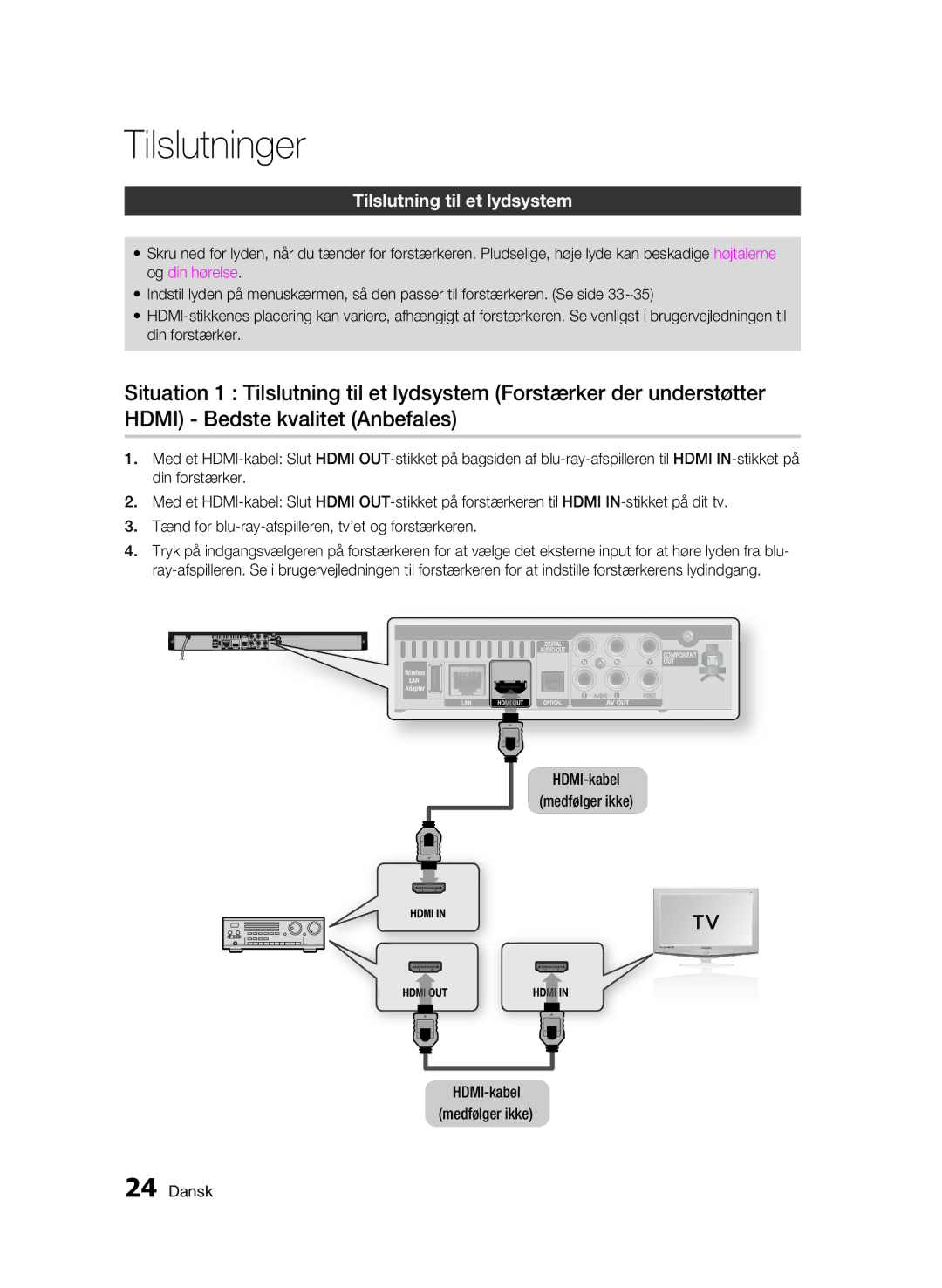 Samsung BD-C5900/XEE manual Tilslutning til et lydsystem, HDMI-kabel medfølger ikke 