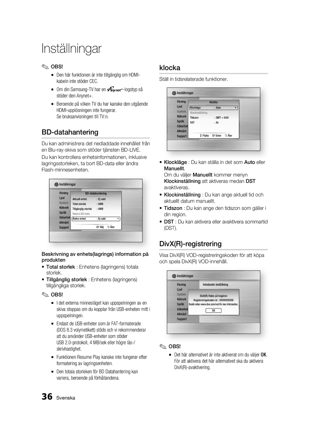 Samsung BD-C5900/XEE manual BD-datahantering, Klocka, DivXR-registrering, Ställ in tidsrelaterade funktioner 