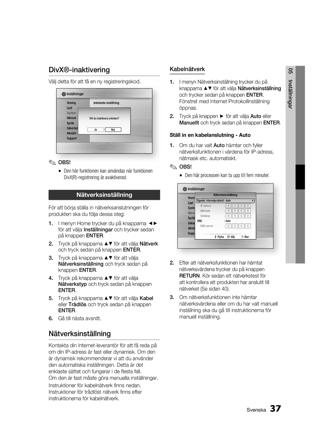 Samsung BD-C5900/XEE manual DivX-inaktivering, Nätverksinställning, Kabelnätverk, Ställ in en kabelanslutning Auto 