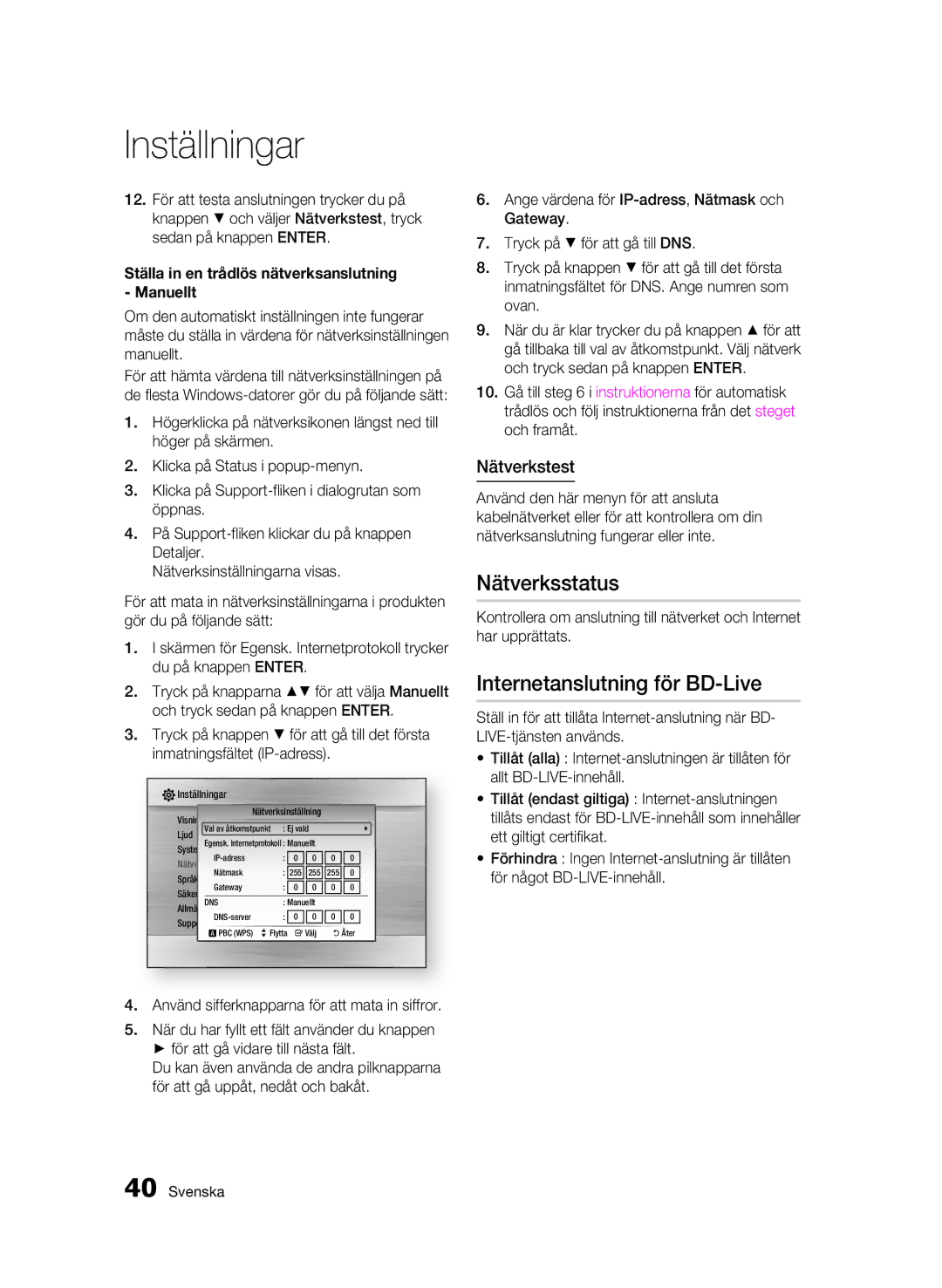 Samsung BD-C5900/XEE manual Nätverksstatus, Internetanslutning för BD-Live, Nätverkstest 