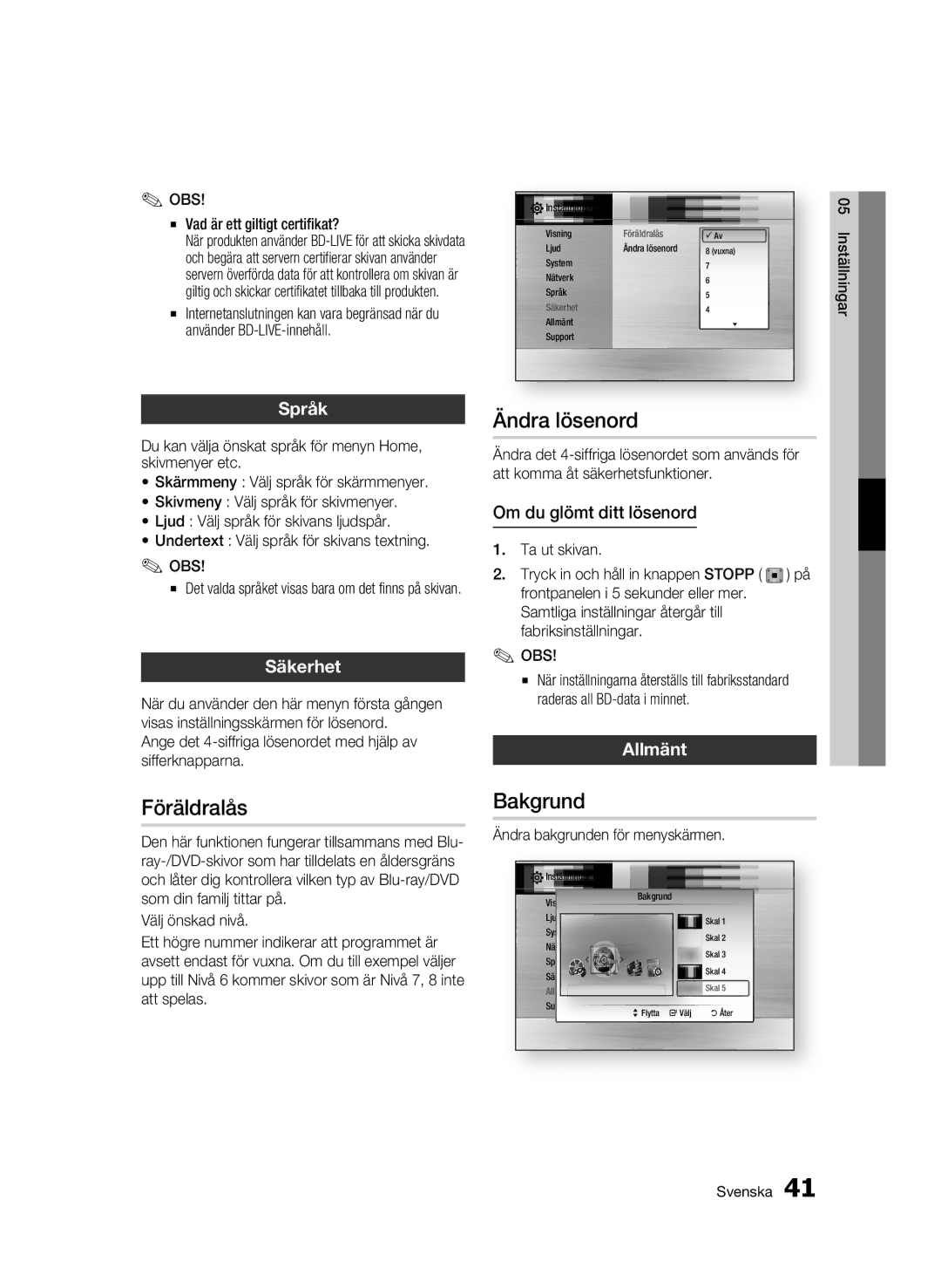 Samsung BD-C5900/XEE manual Föräldralås, Ändra lösenord, Bakgrund, Säkerhet, Allmänt 