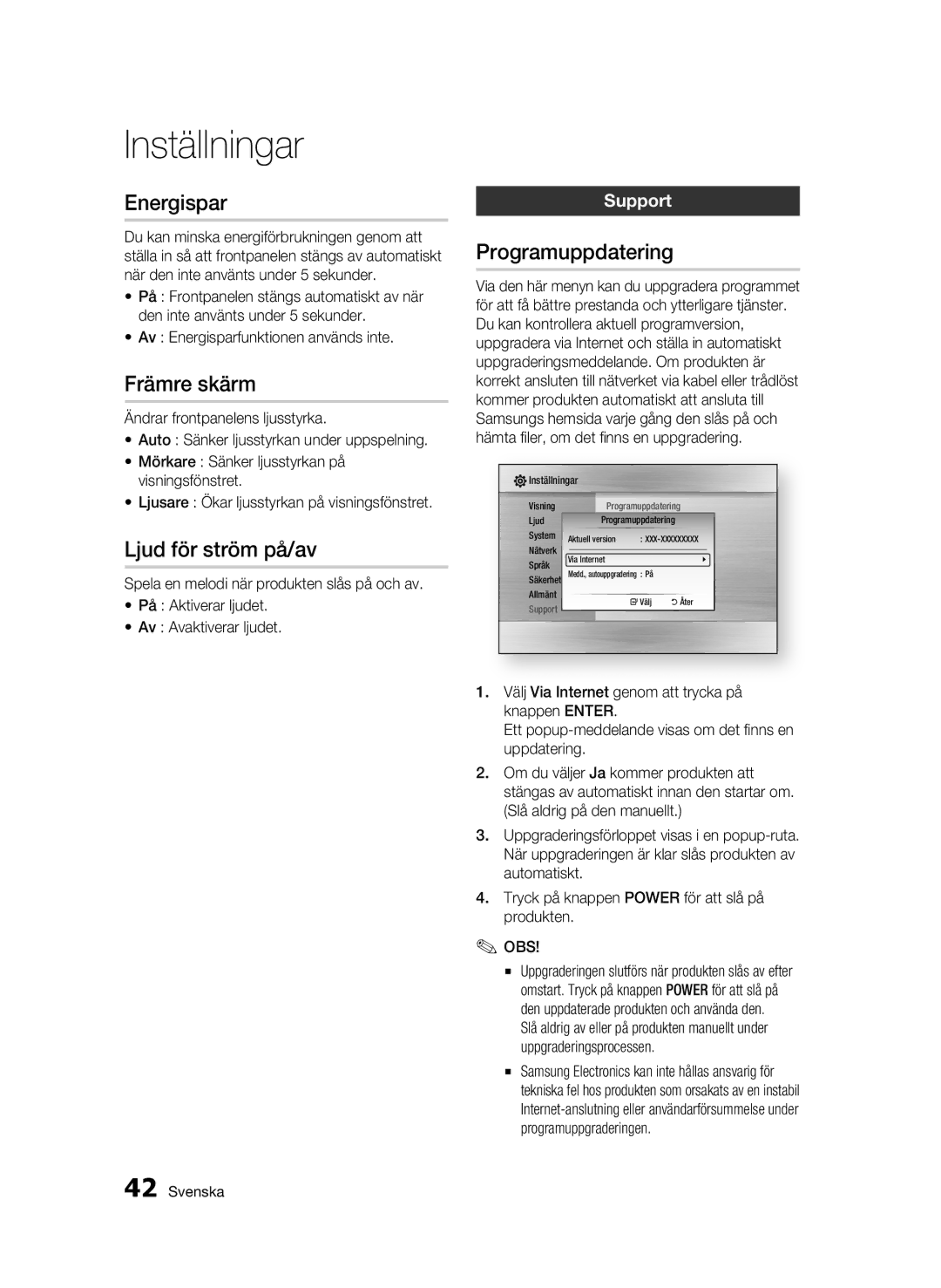 Samsung BD-C5900/XEE manual Energispar, Främre skärm, Ljud för ström på/av, Programuppdatering 