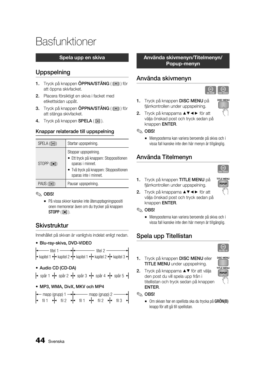 Samsung BD-C5900/XEE manual Basfunktioner 