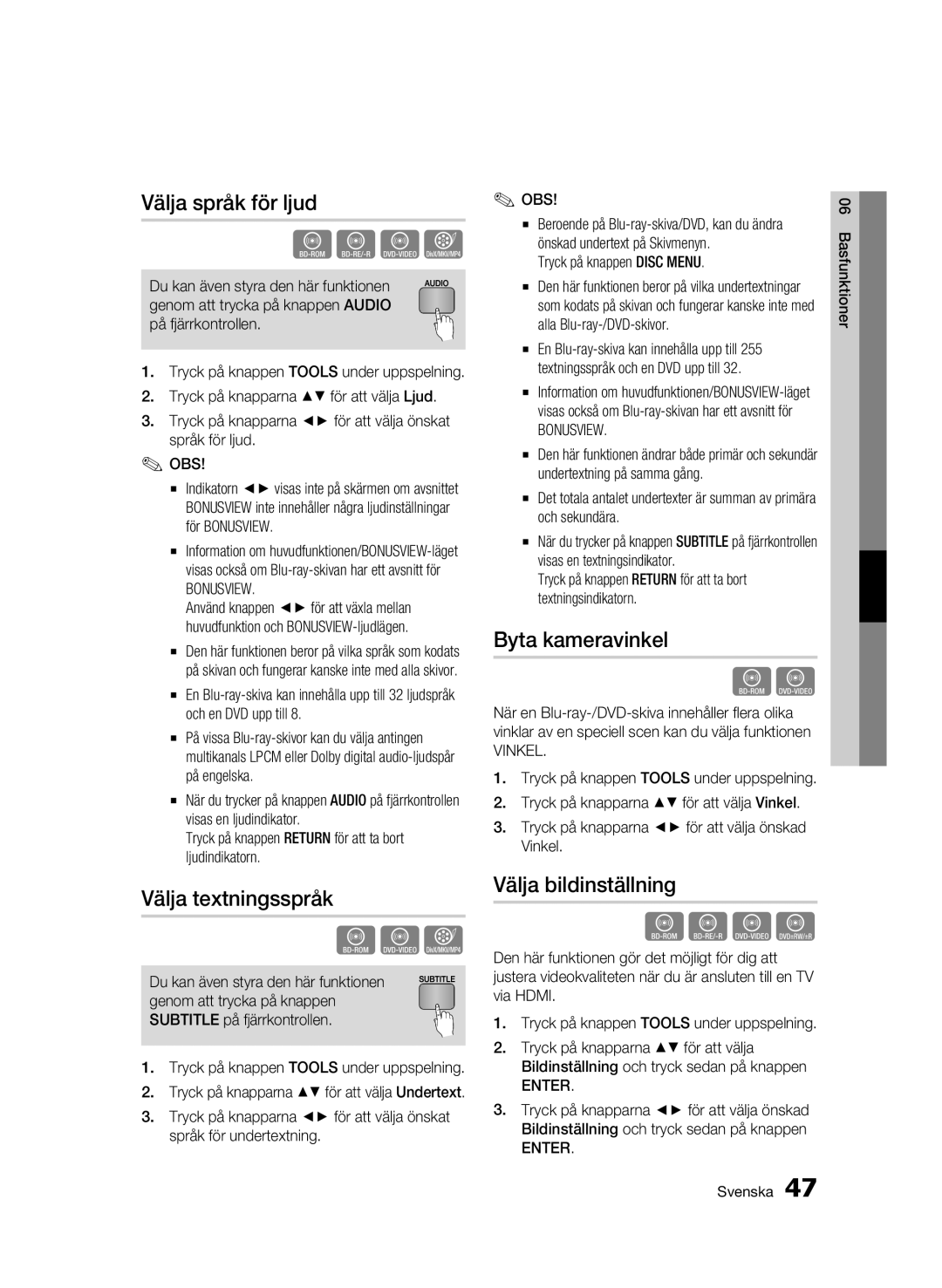 Samsung BD-C5900/XEE manual Välja språk för ljud, Välja textningsspråk, Byta kameravinkel, Välja bildinställning, Bonusview 