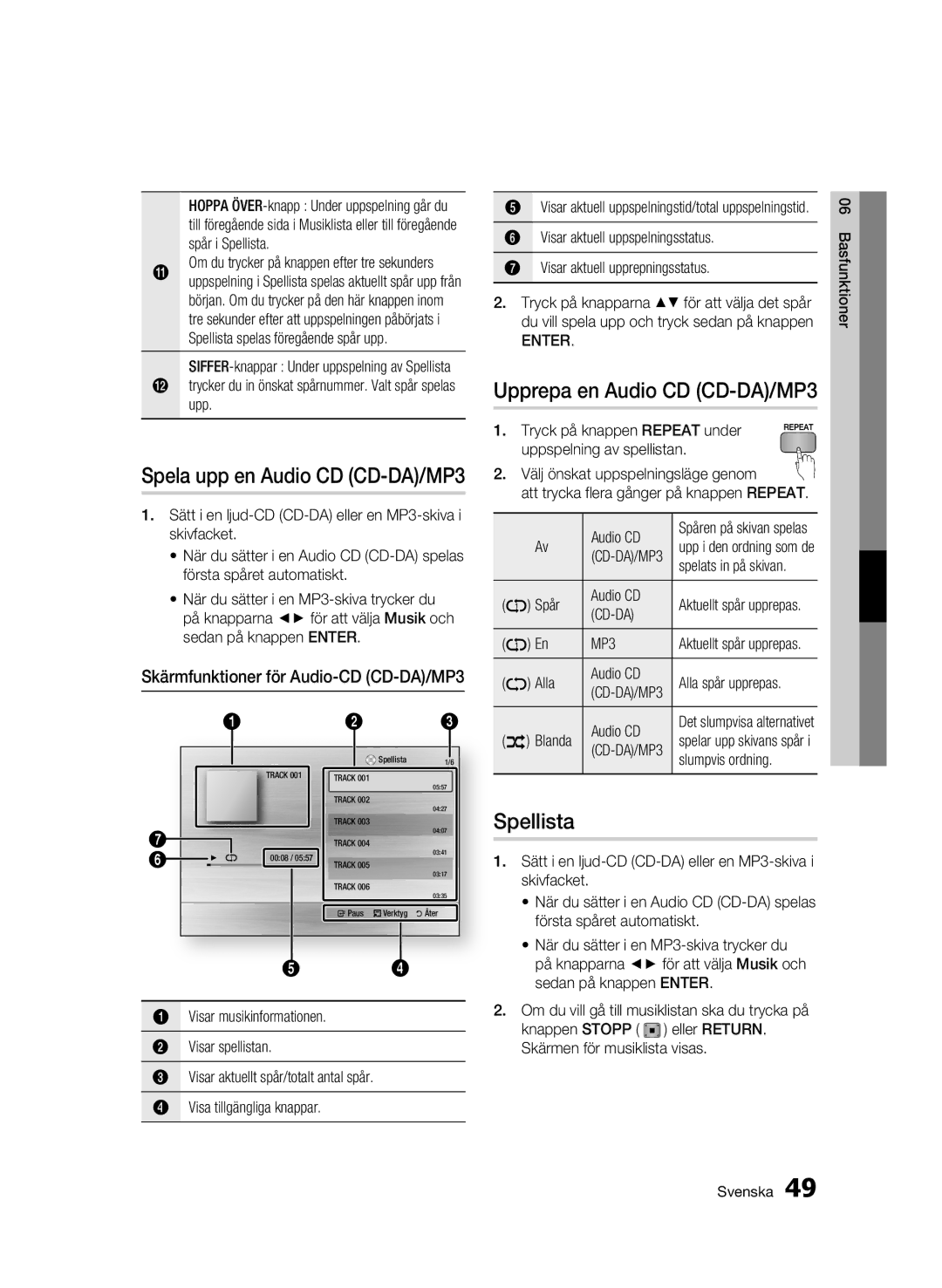 Samsung BD-C5900/XEE manual Spellista, Upp, Spår Audio CD, Alla Audio CD, Slumpvis ordning 