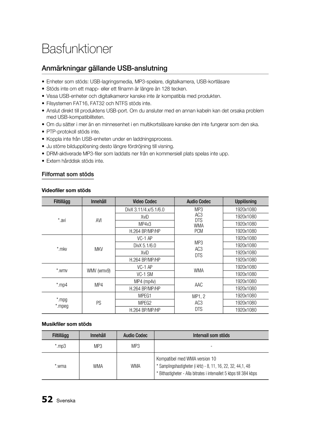 Samsung BD-C5900/XEE Anmärkningar gällande USB-anslutning, Filformat som stöds, Videofiler som stöds, Musikfiler som stöds 