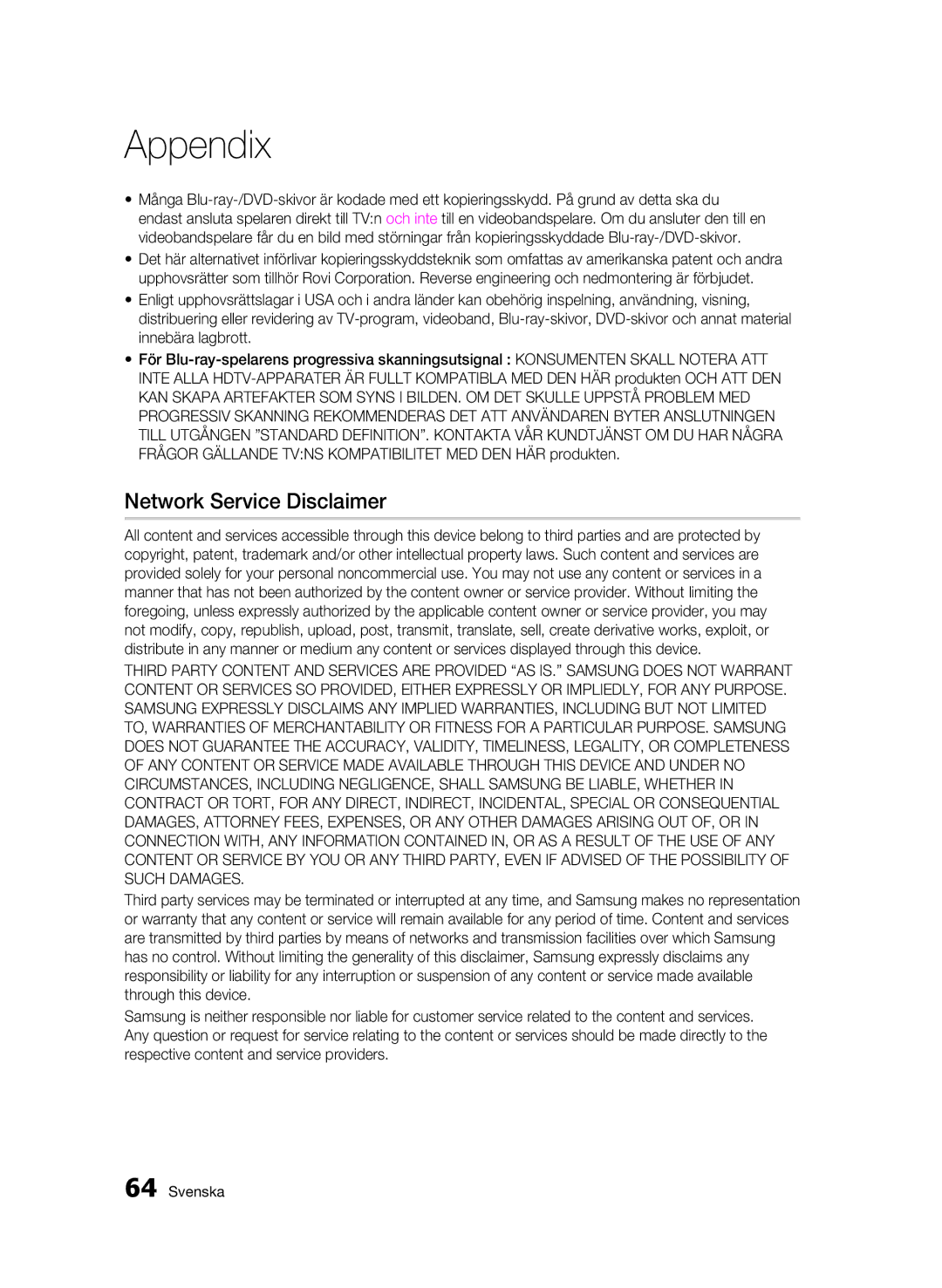 Samsung BD-C5900/XEE manual Network Service Disclaimer 