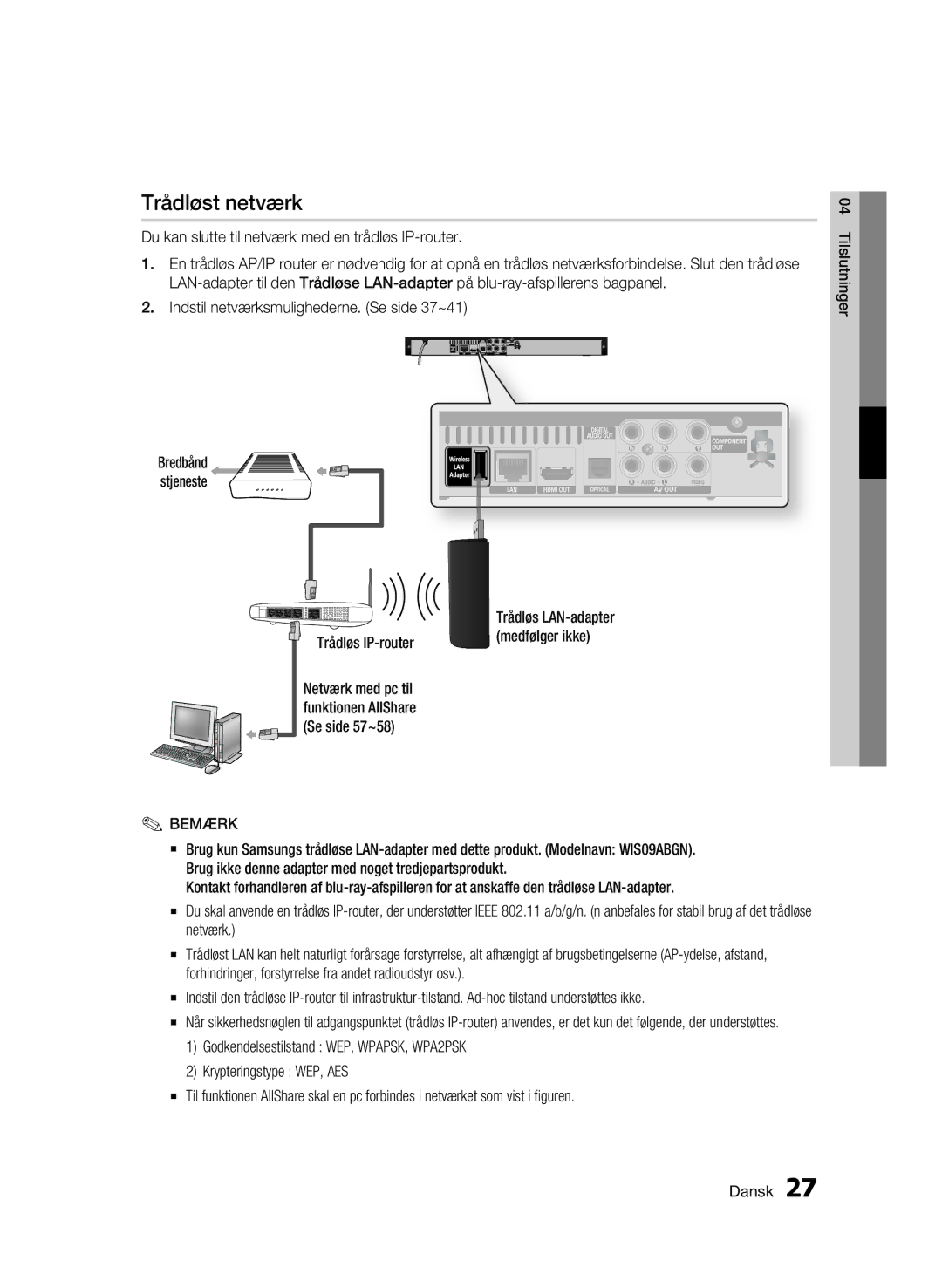 Samsung BD-C5900/XEE manual Trådløst netværk, Trådløs IP-router 