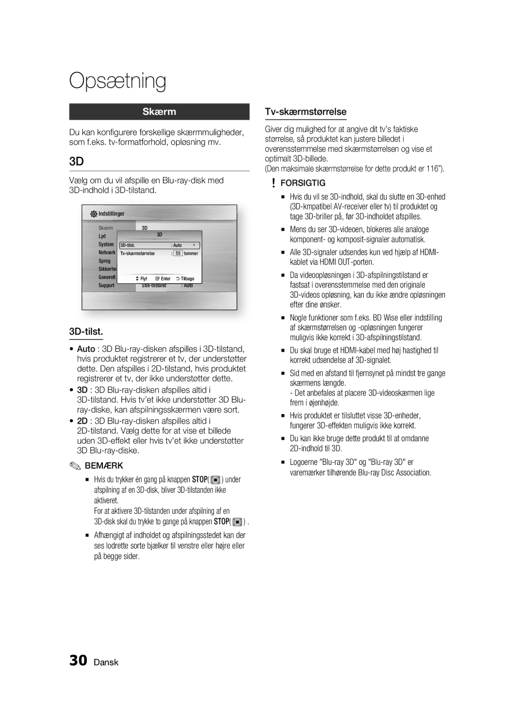 Samsung BD-C5900/XEE manual Skærm, 3D-tilst, Tv-skærmstørrelse, 3D 3D Blu-ray-disken afspilles altid, Aktiveret 