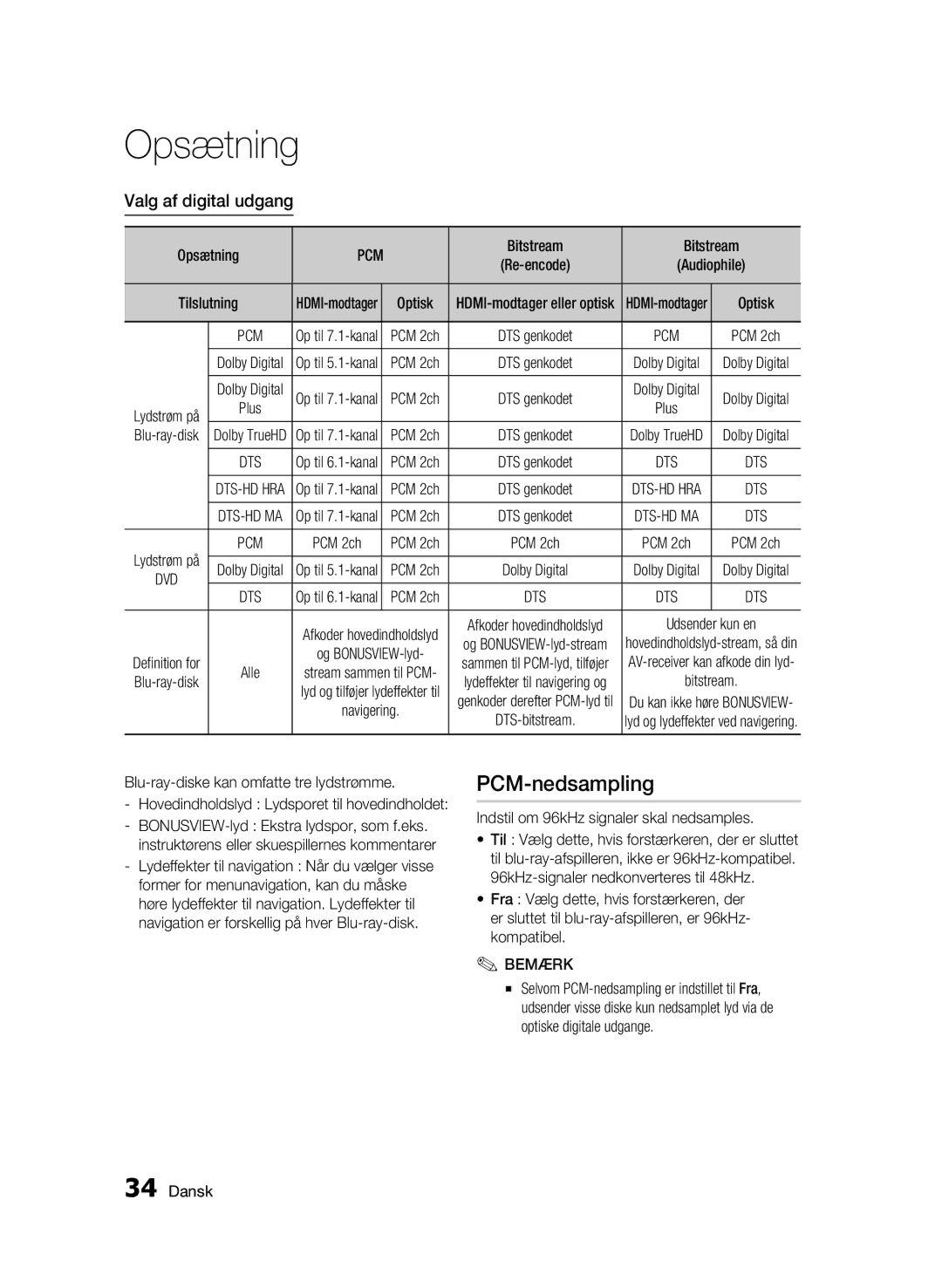 Samsung BD-C5900/XEE manual PCM-nedsampling, Valg af digital udgang 