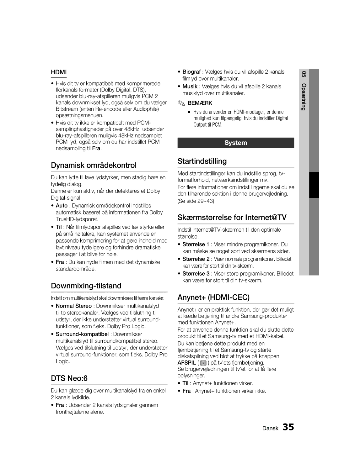 Samsung BD-C5900/XEE manual Dynamisk områdekontrol, Downmixing-tilstand, DTS Neo6, Startindstilling, Anynet+ HDMI-CEC 