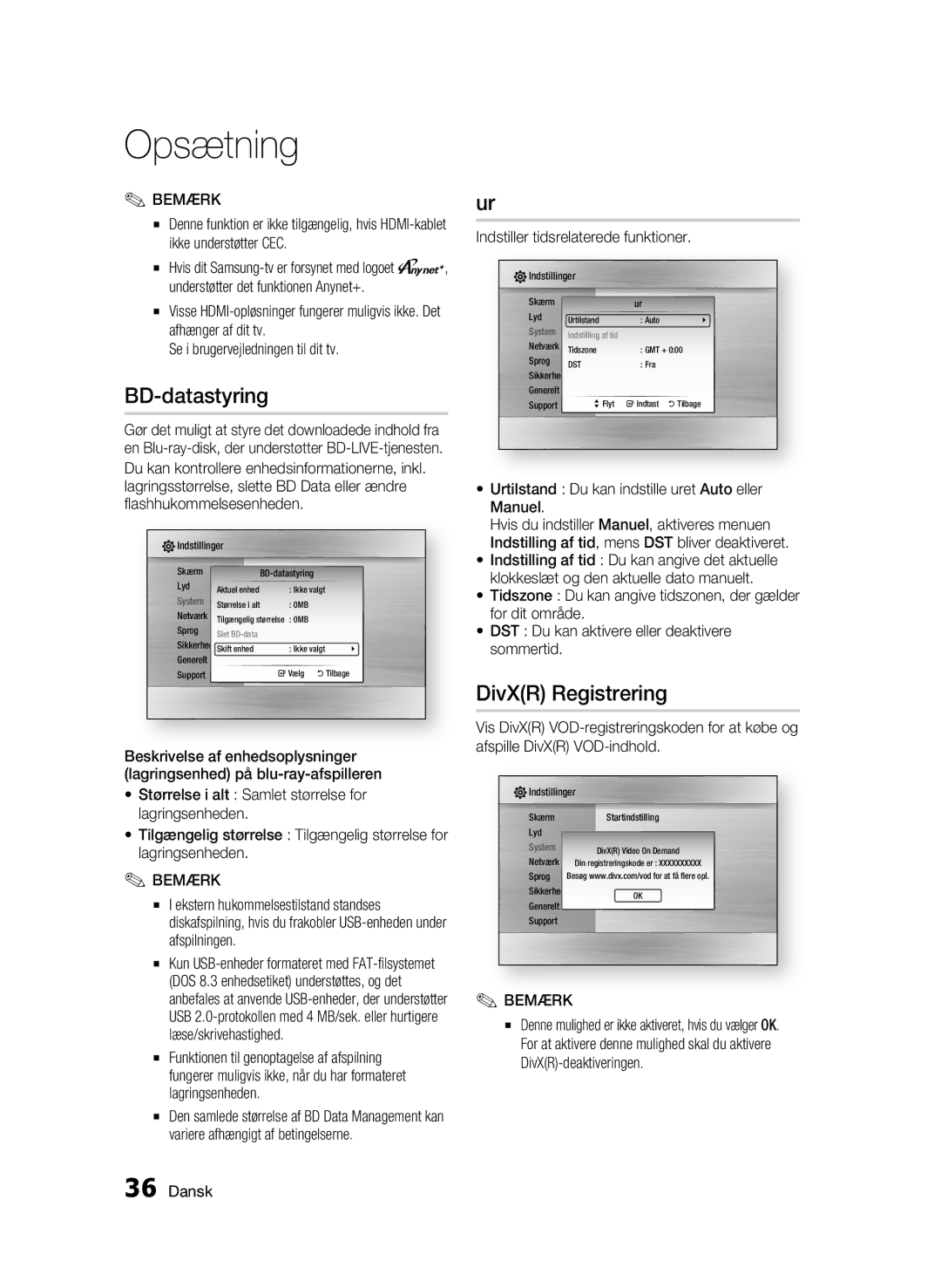 Samsung BD-C5900/XEE manual BD-datastyring, DivXR Registrering, Dansk Indstiller tidsrelaterede funktioner 