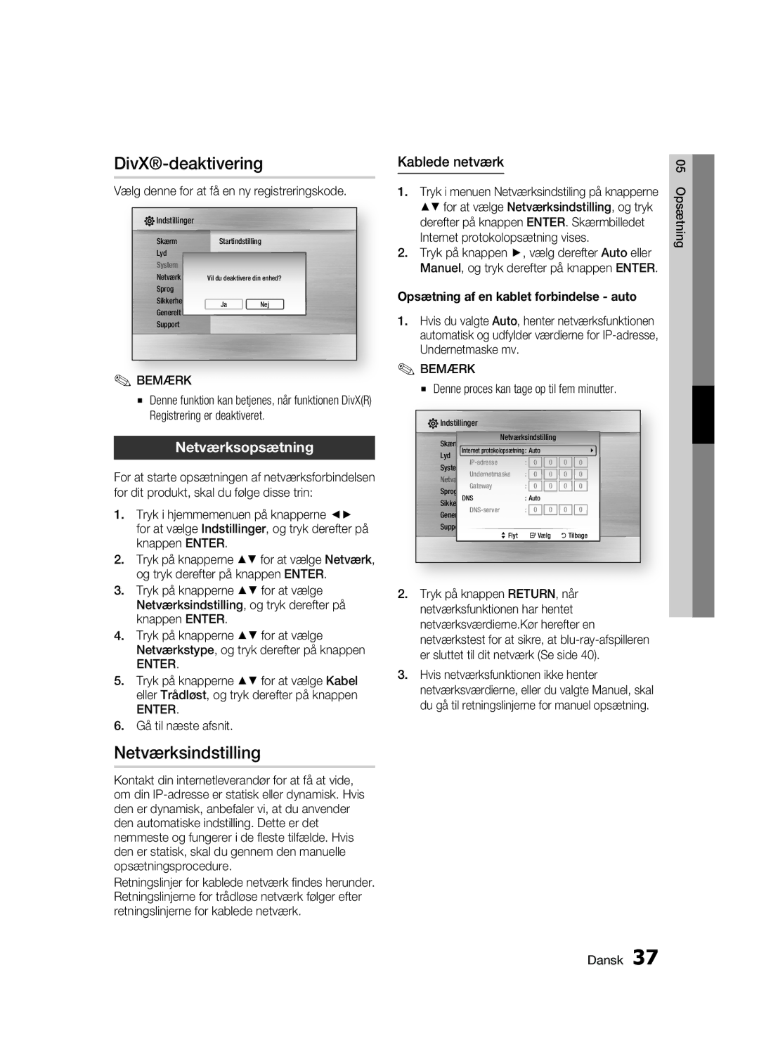 Samsung BD-C5900/XEE manual DivX-deaktivering, Netværksindstilling, Kablede netværk, Netværksopsætning 