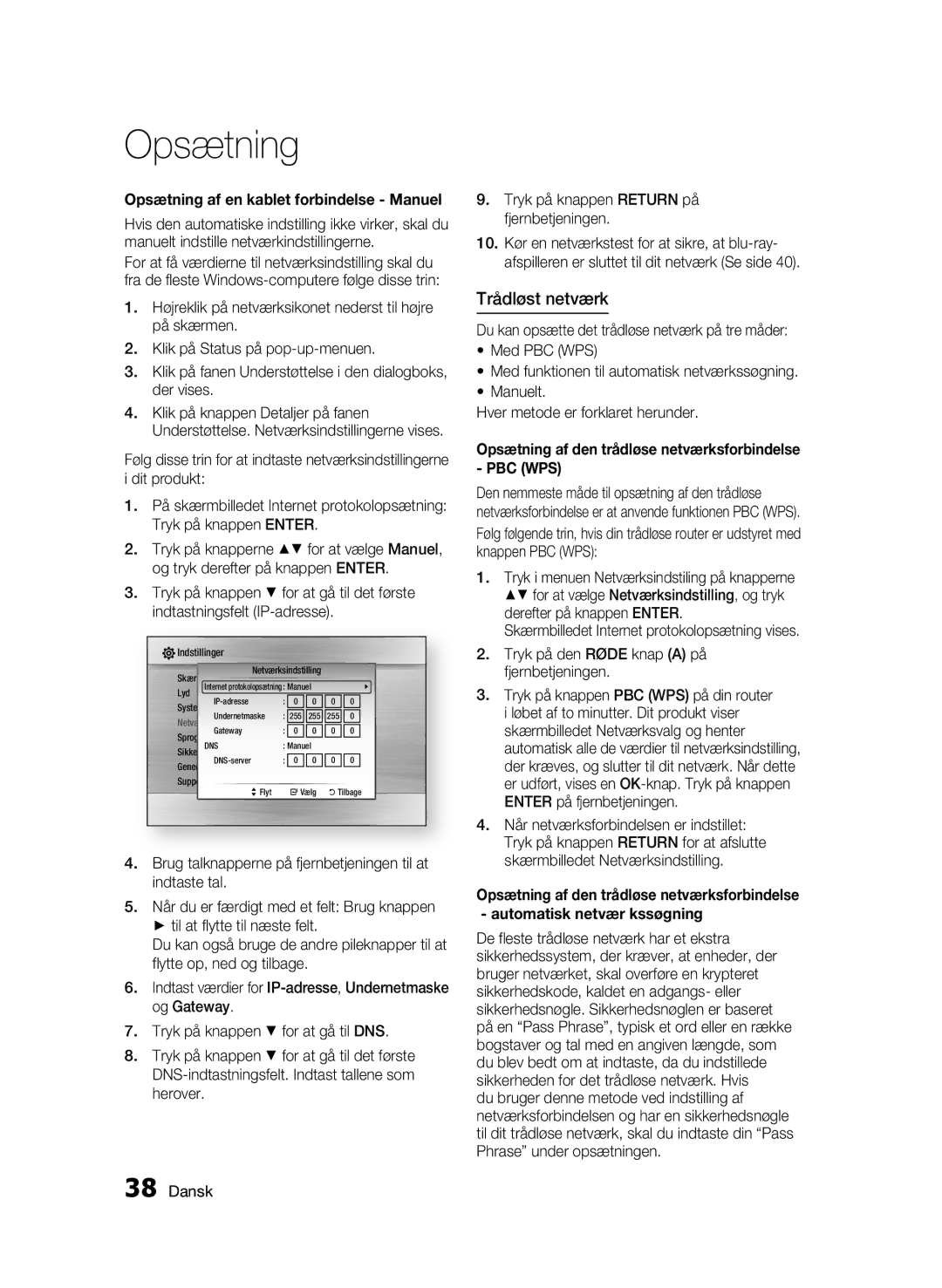 Samsung BD-C5900/XEE manual Trådløst netværk, Opsætning af den trådløse netværksforbindelse PBC WPS 