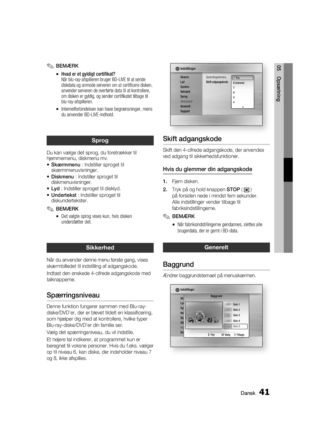 Samsung BD-C5900/XEE manual Skift adgangskode, Spærringsniveau, Baggrund 