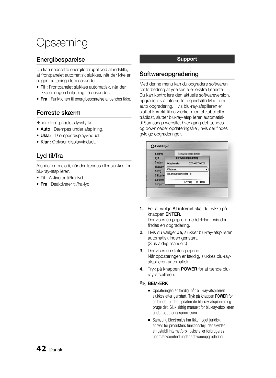 Samsung BD-C5900/XEE manual Energibesparelse, Forreste skærm, Lyd til/fra, Softwareopgradering, Support 