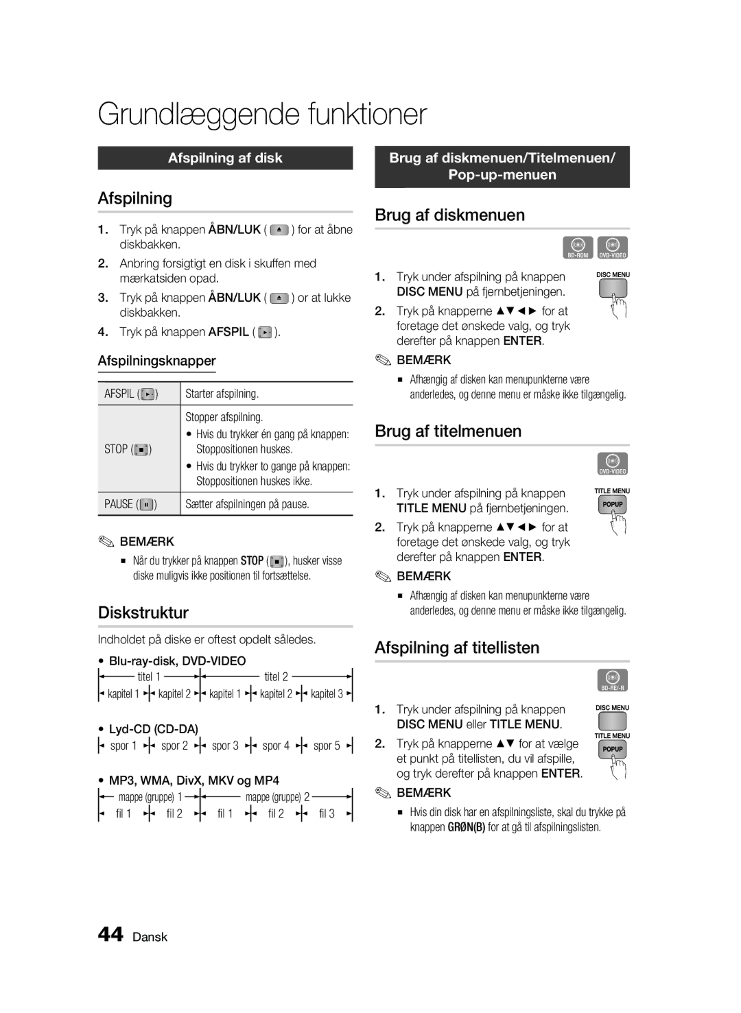 Samsung BD-C5900/XEE manual Grundlæggende funktioner 