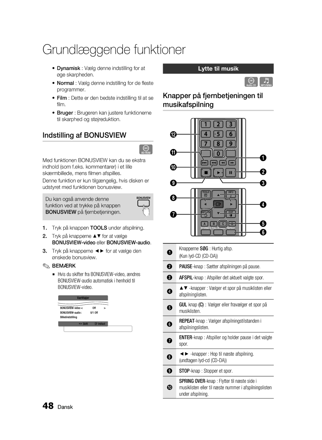 Samsung BD-C5900/XEE manual Indstilling af Bonusview, Knapper på fjernbetjeningen til musikafspilning, Lytte til musik 