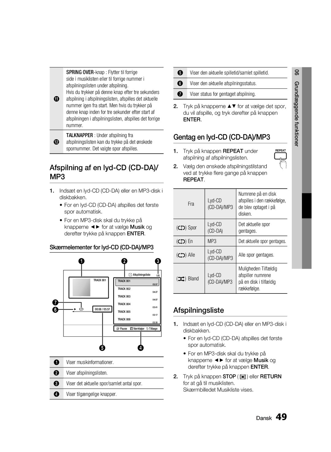 Samsung BD-C5900/XEE manual Afspilning af en lyd-CD CD-DA/ MP3, Gentag en lyd-CD CD-DA/MP3, Afspilningsliste 