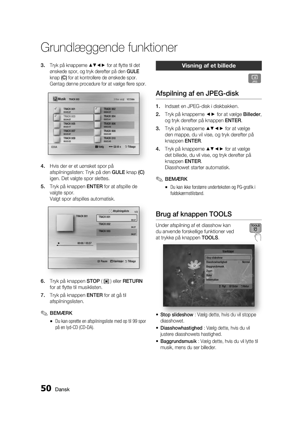 Samsung BD-C5900/XEE manual Afspilning af en JPEG-disk, Brug af knappen Tools, Visning af et billede, Tryk på knappen Stop 