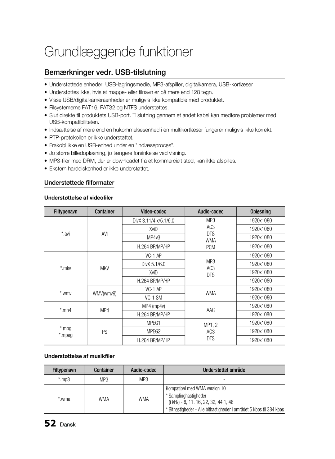 Samsung BD-C5900/XEE manual Bemærkninger vedr. USB-tilslutning, Understøttede filformater 