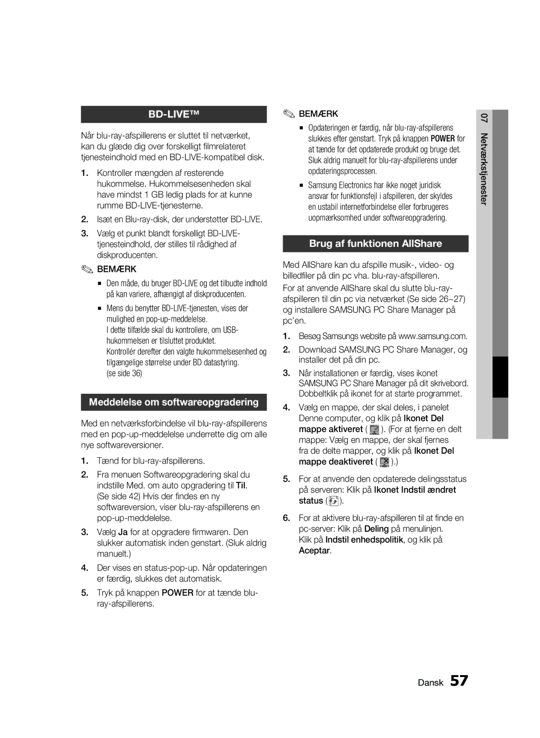 Samsung BD-C5900/XEE manual Meddelelse om softwareopgradering, Brug af funktionen AllShare 