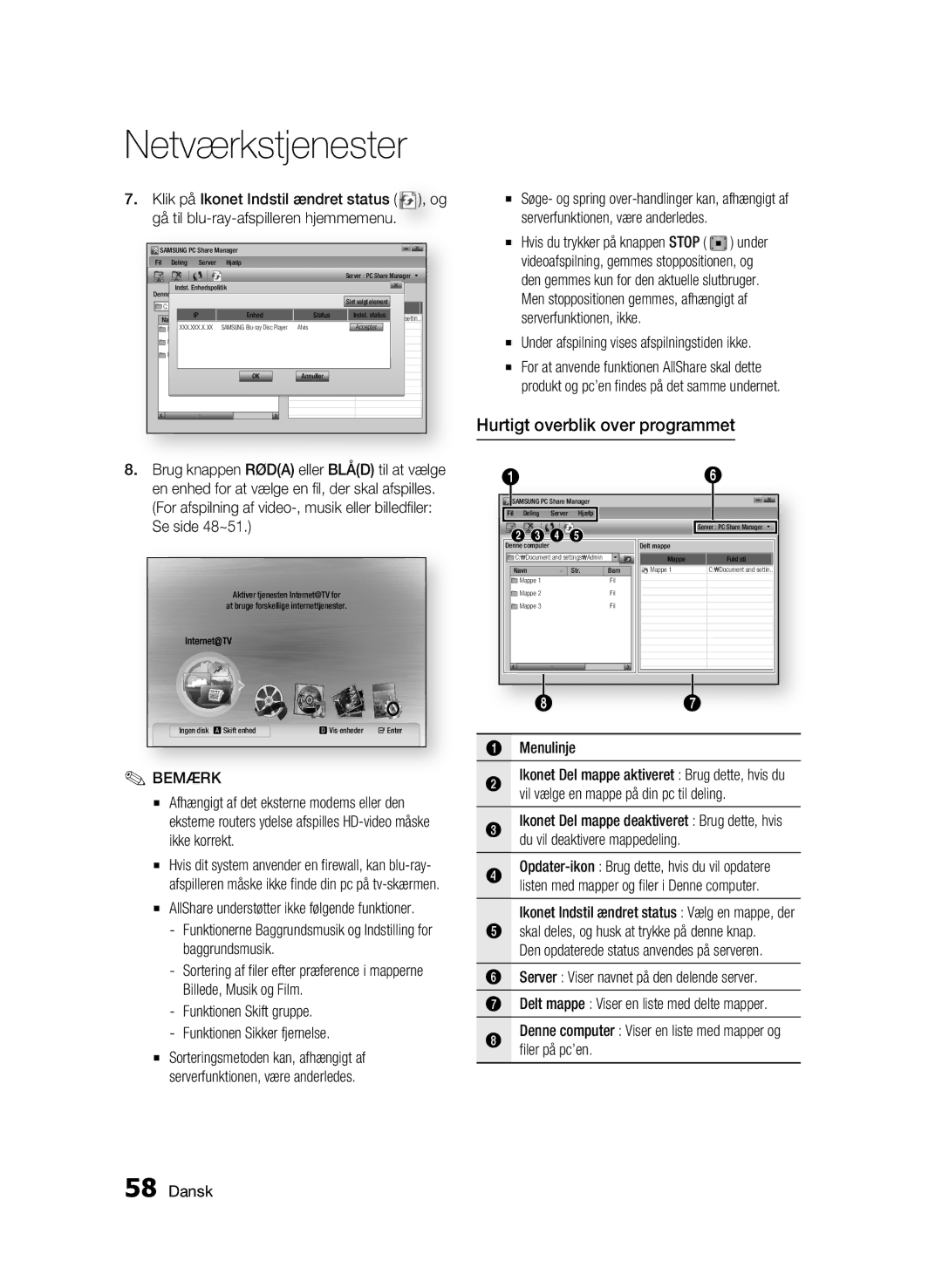 Samsung BD-C5900/XEE manual Hurtigt overblik over programmet, Under afspilning vises afspilningstiden ikke 